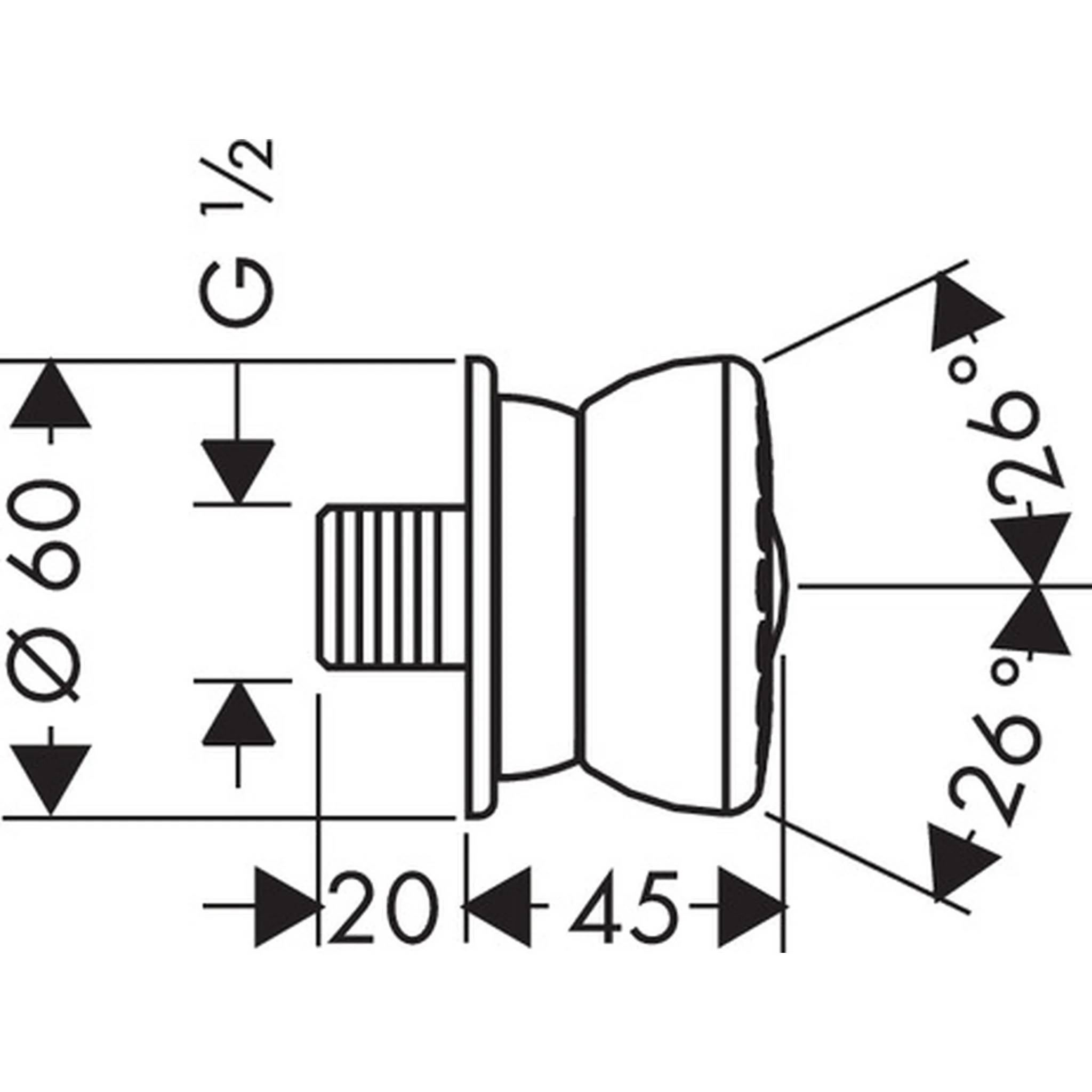 Technische Zeichnung einer Gewindeverbindung mit Abmessungen: 60 mm Durchmesser, 20 mm Gewindelänge, 45 mm Baulänge, G 1/2 Gewinde und 26° Winkel.