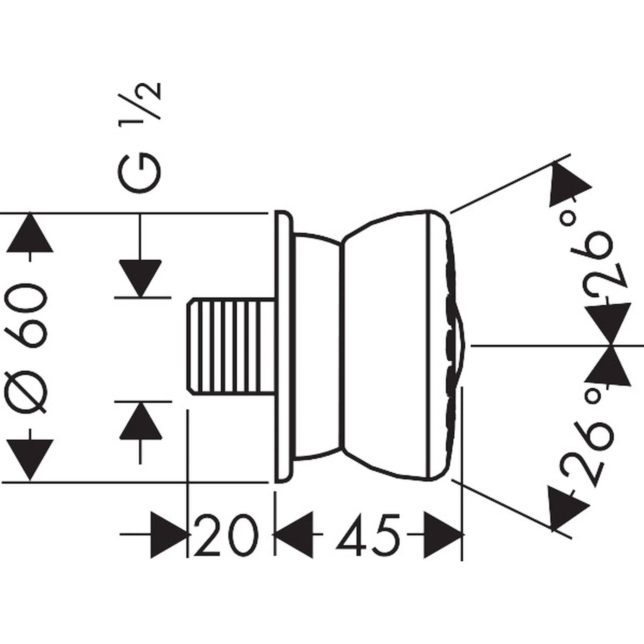 Technische Seitenansicht einer Gewindeknopf mit Abmessungen: Ø60, 20, 45, G 1/2, und Winkelmarkierungen von 26°.