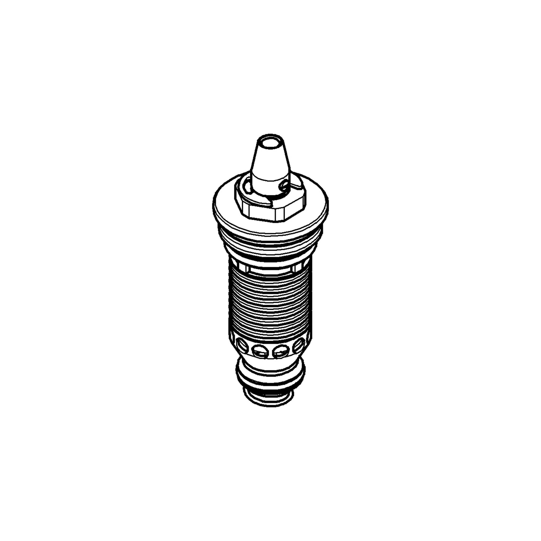 Schwarz-Weiß-Illustration einer gewindelten mechanischen Ventil- oder Zündkerzen-ähnlichen Komponente mit sechskantigem Kopf und konischer Düse.