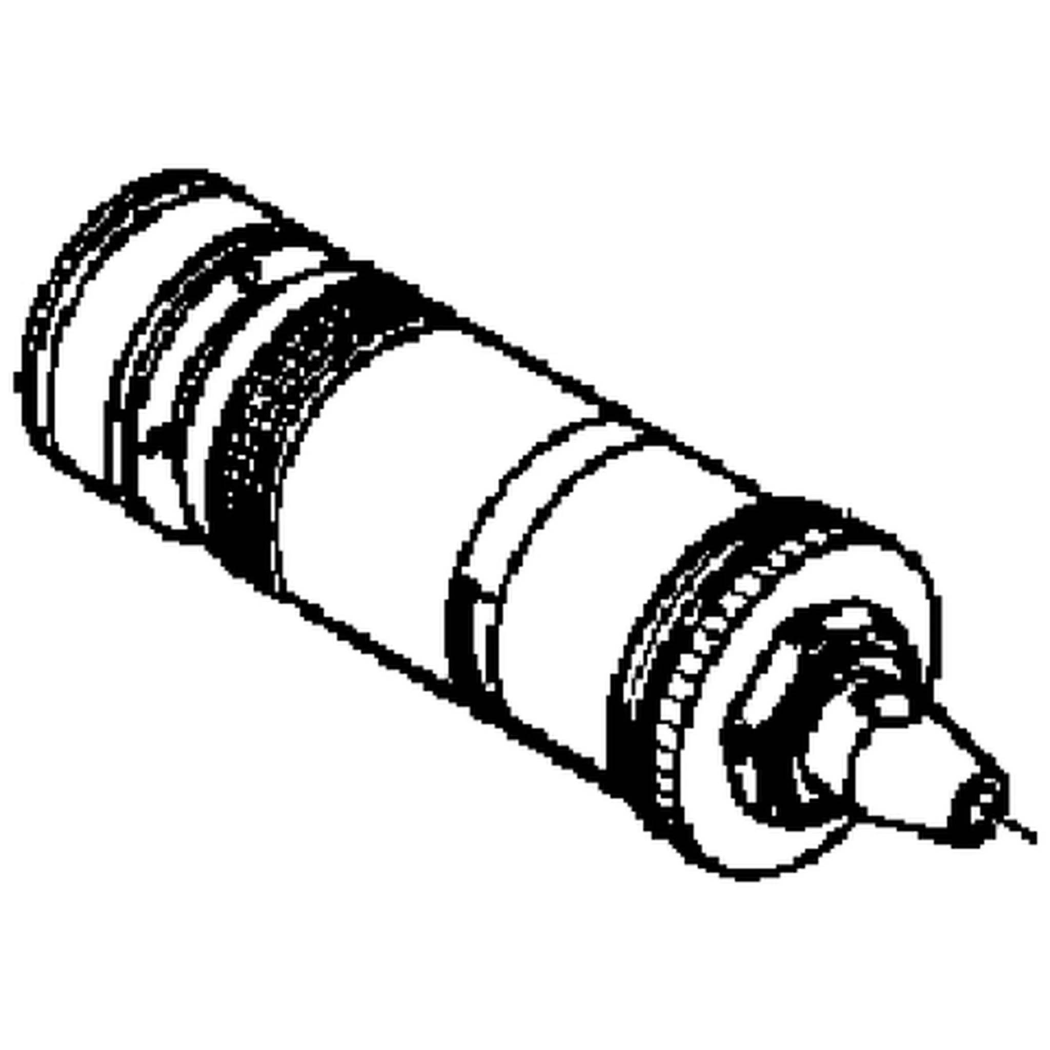 Schwarz-weiße technische Zeichnung eines zylindrischen mechanischen Teils mit Gewinde an den Enden und einer spitzen zentralen Spitze, perspektivisch dargestellt.