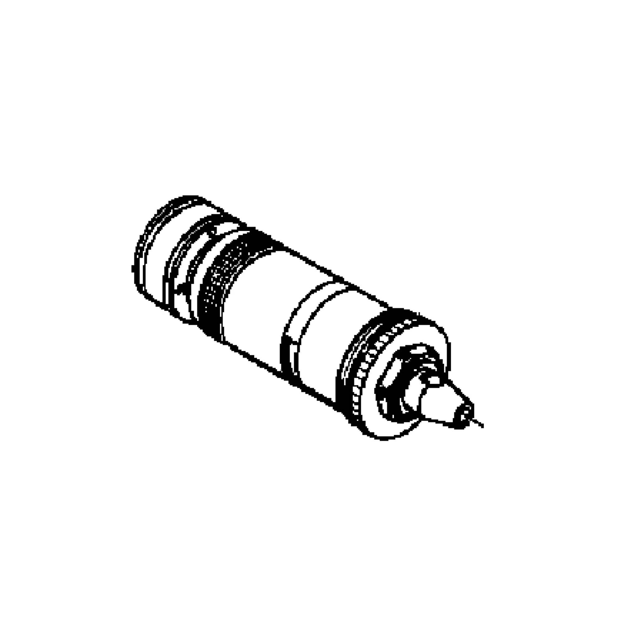 Schwarzweiße technische Zeichnung eines zylindrischen mechanischen Teils oder einer Patrone, in Perspektive auf einem einfachen Hintergrund dargestellt.