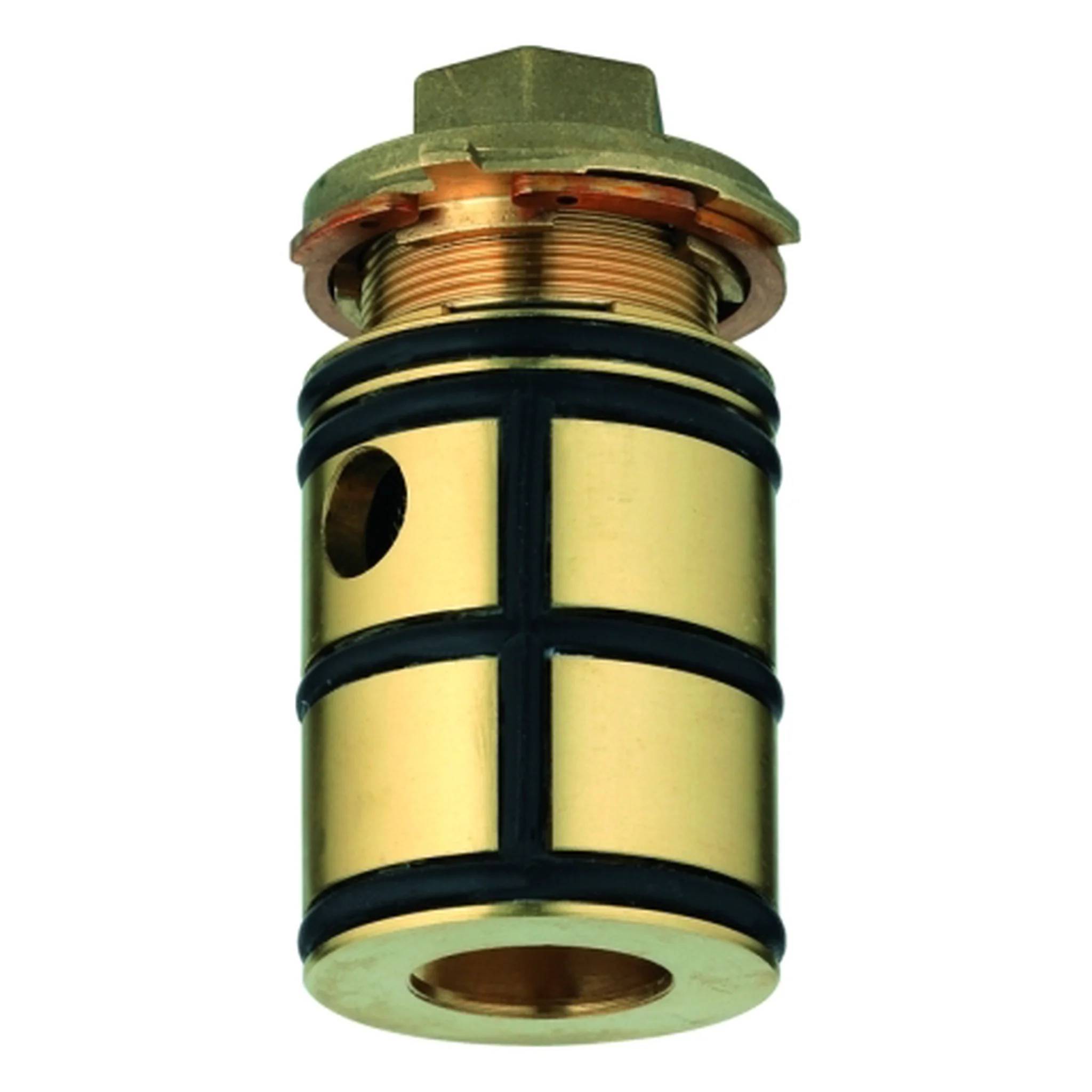 Messingzylindrische Sanitärventilpatrone mit Gewinde oben und Seitenöffnung auf weißem Hintergrund.