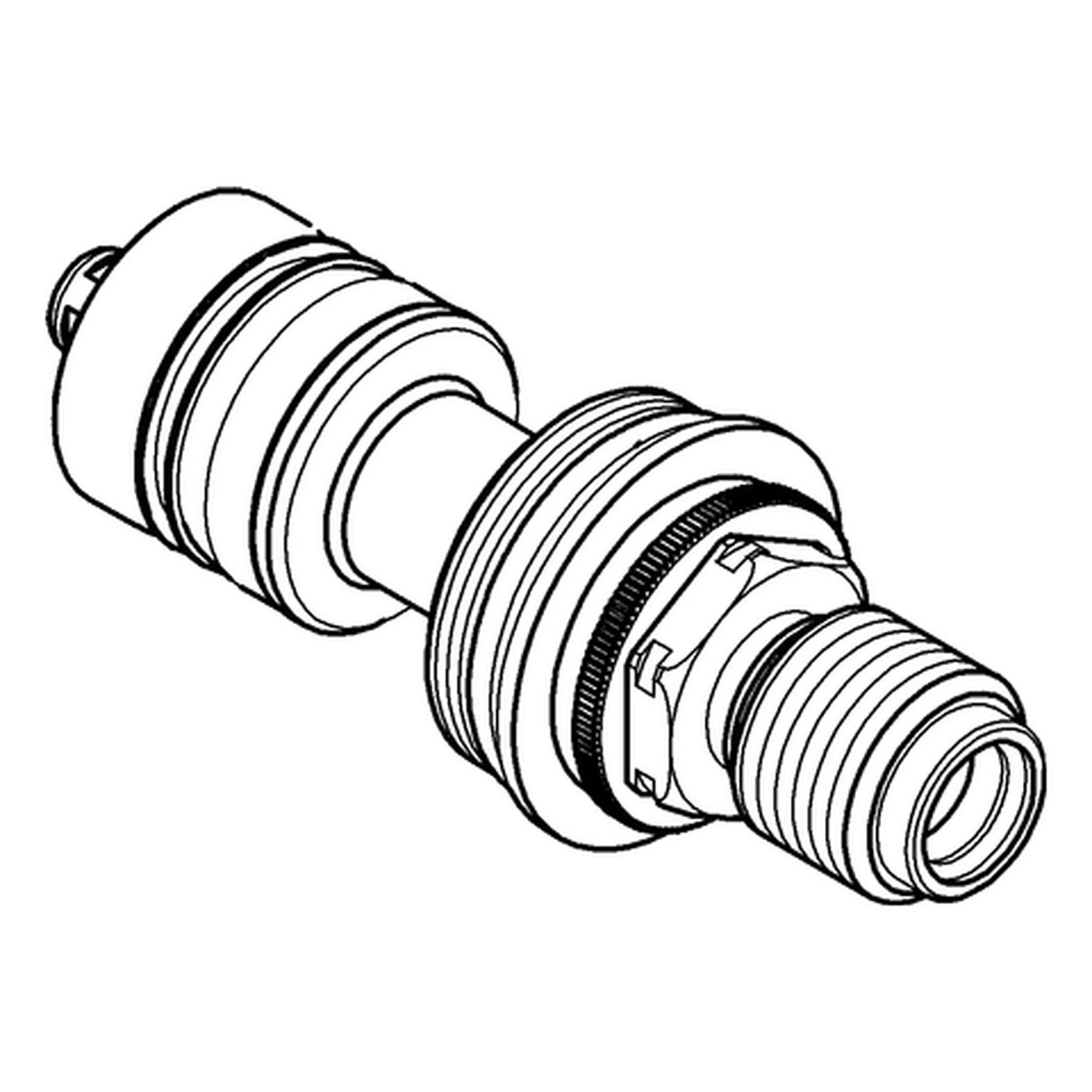 Linienzeichnung eines gewindefähigen mechanischen Verbinders oder einer Armatur mit einem zylindrischen Körper und mehreren gerillten Abschnitten, isoliert auf weißem Hintergrund dargestellt.