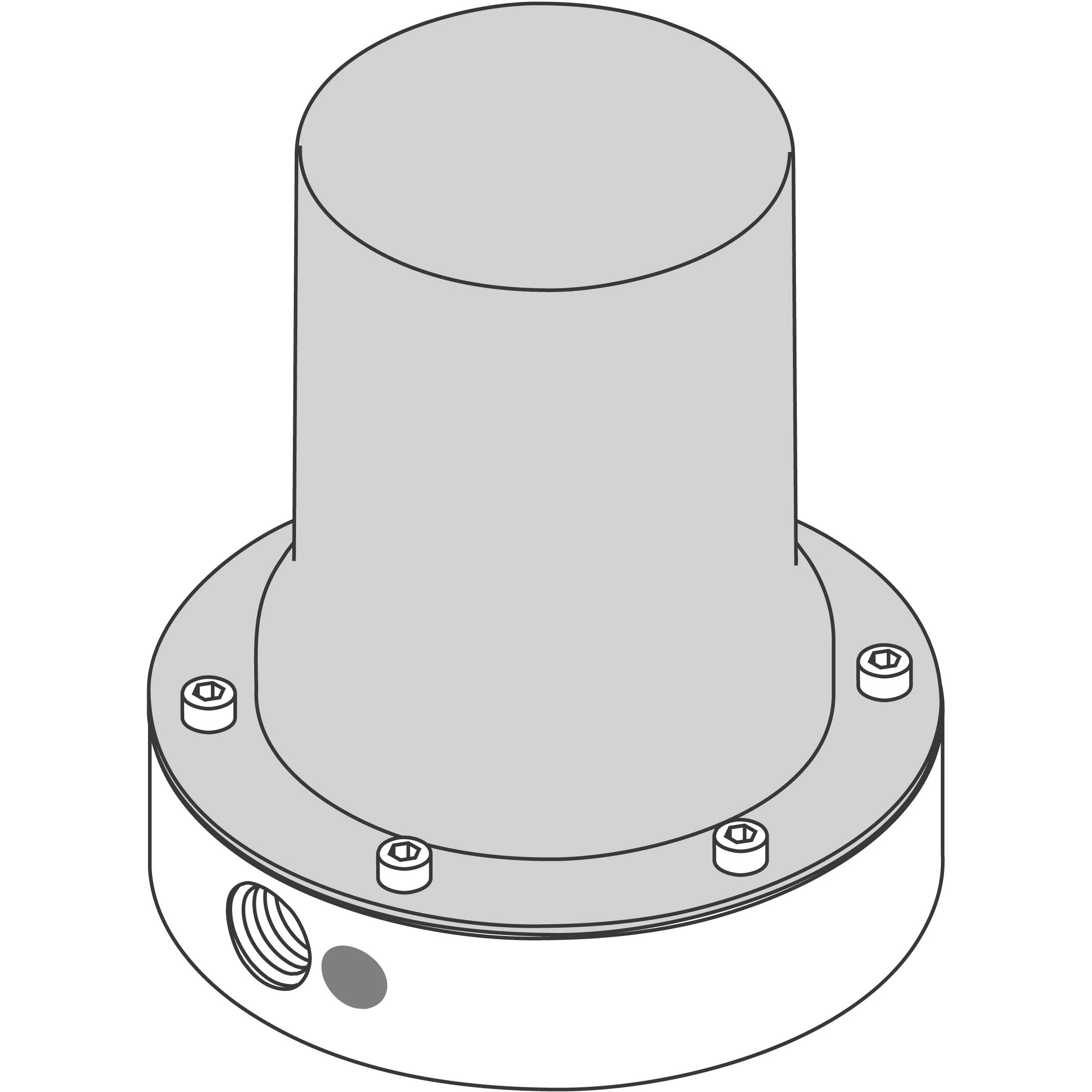 Illustration eines zylindrischen Metallflanschs mit einem hohen zentralen Rohr, vier Bolzen rund um die Basis und einem Gewinde-Seitenport.