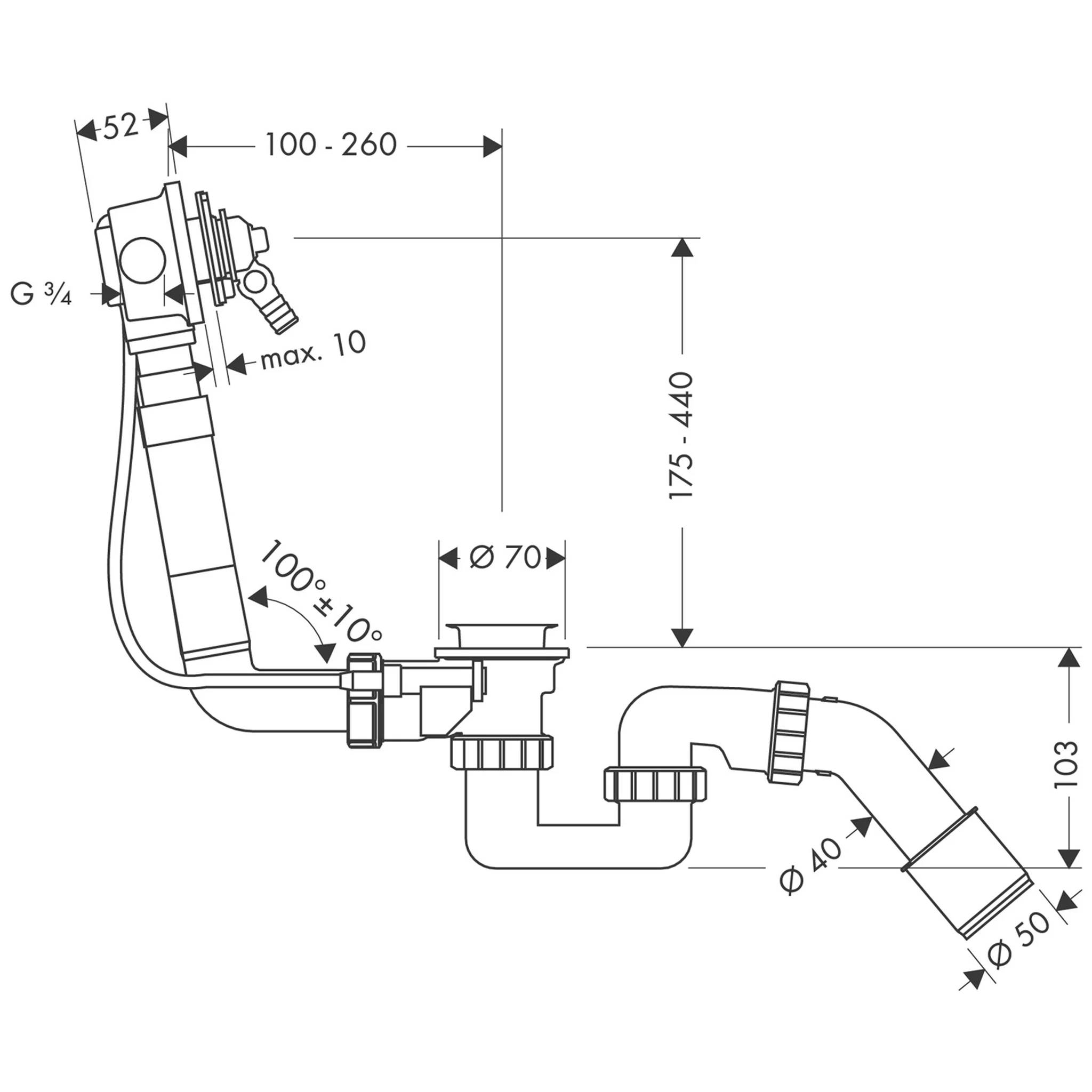 Technisches Sanitärinstallationsdiagramm einer Siphon-/Rohrbaugruppe mit verstellbaren Abmessungen, einschließlich 100–260 mm, 175–440 mm, und Auslass-Durchmessern Ø40 und Ø50.