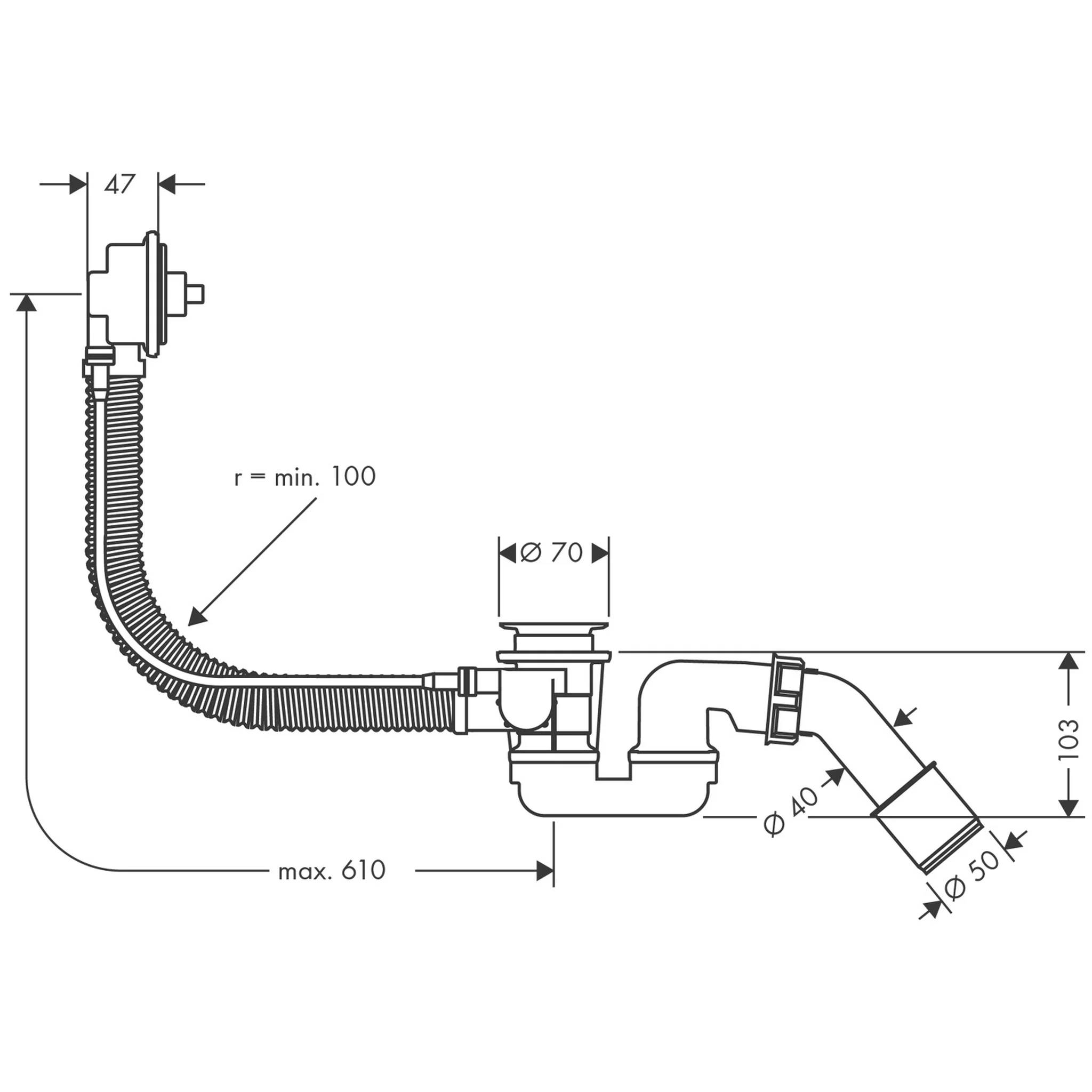 Technisches Installationsdiagramm eines flexiblen Ablaufrohrs und Siphons mit Installationsabmessungen: max 610, min Biegeradius 100, Ø70, Ø40, Ø50 und 103 mm.