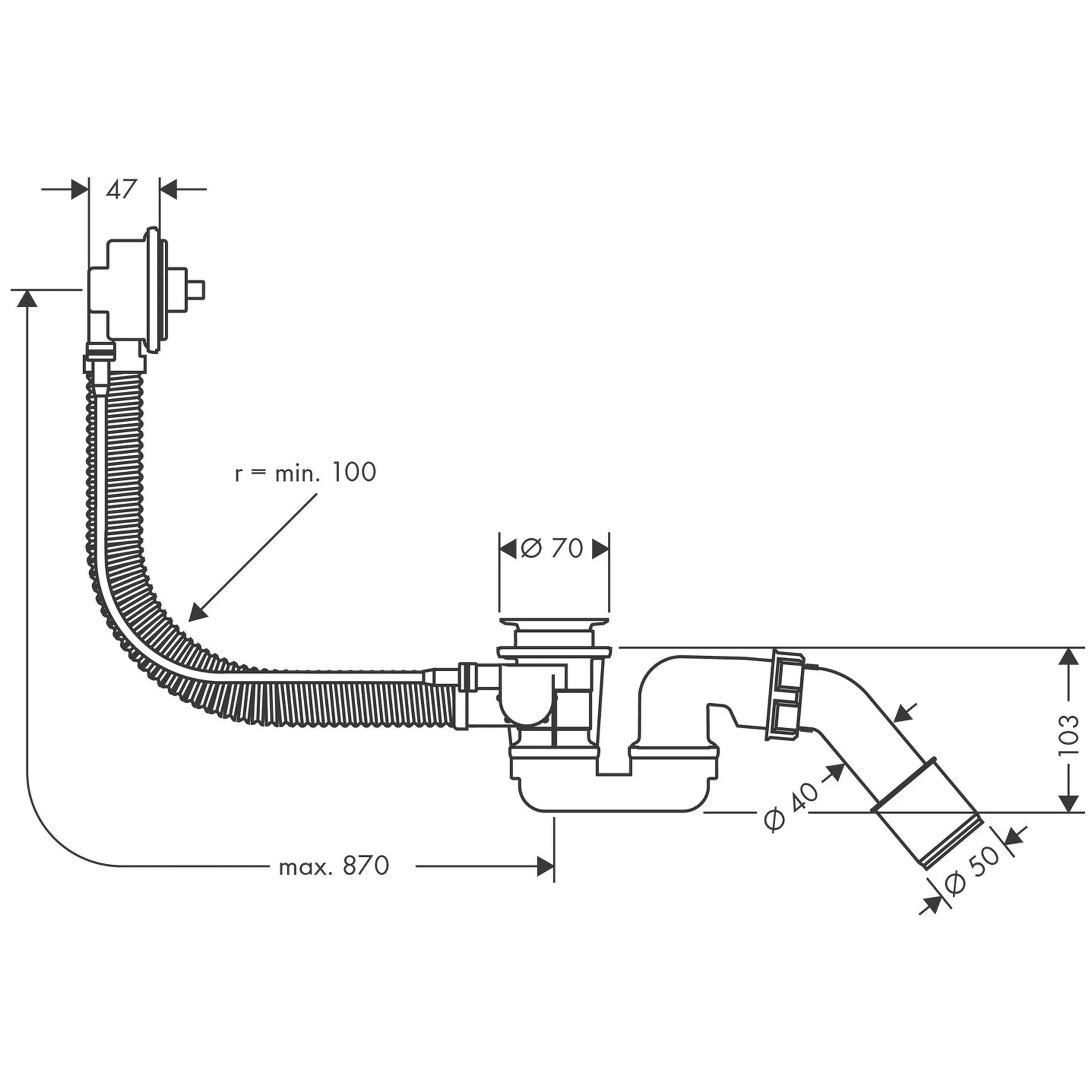 Technisches Installationsdiagramm einer gekrümmten Abflussrohreinheit mit eingezeichneten Abmessungen, einschließlich 47, r min. 100, max. 870, 70, 103 und Durchmessern 40 und 50.