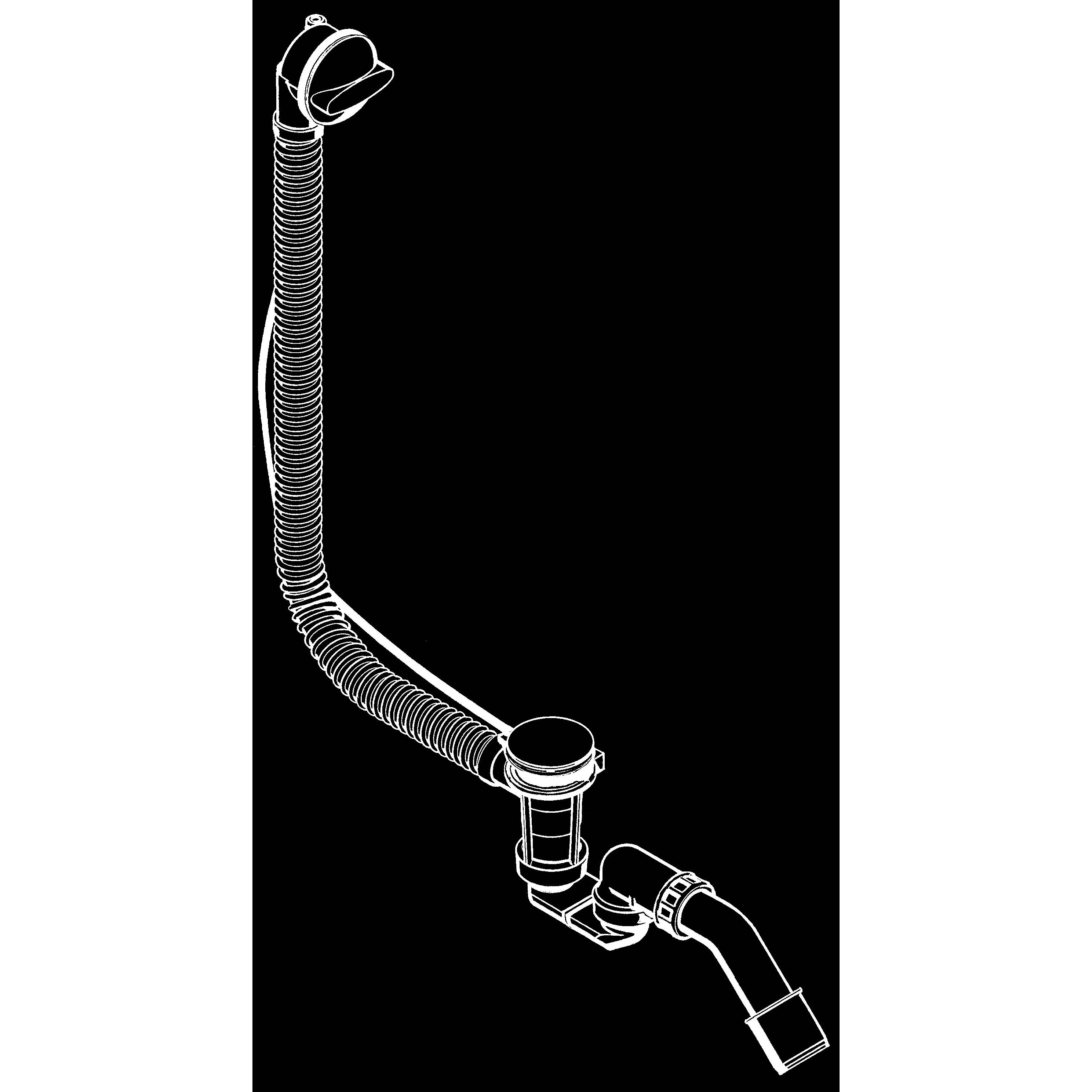Weiße Linienzeichnung einer Spülbeckenablaufanlage mit einem flexiblen Wellschlauch, der mit einem Siphon und Rohrbogen auf schwarzem Hintergrund verbunden ist.