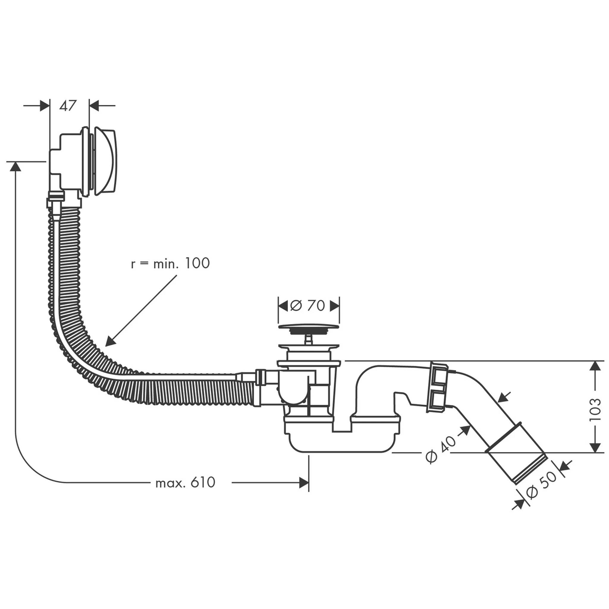 Technisches Rohrleitungsdiagramm einer flexiblen Spülbeckenablaufgarnitur mit Siphon und Anschlussrohr, wobei die Hauptabmessungen dargestellt sind: 47, minimaler Biegeradius 100, maximal 610, 70, 103, 40 und 50 mm.