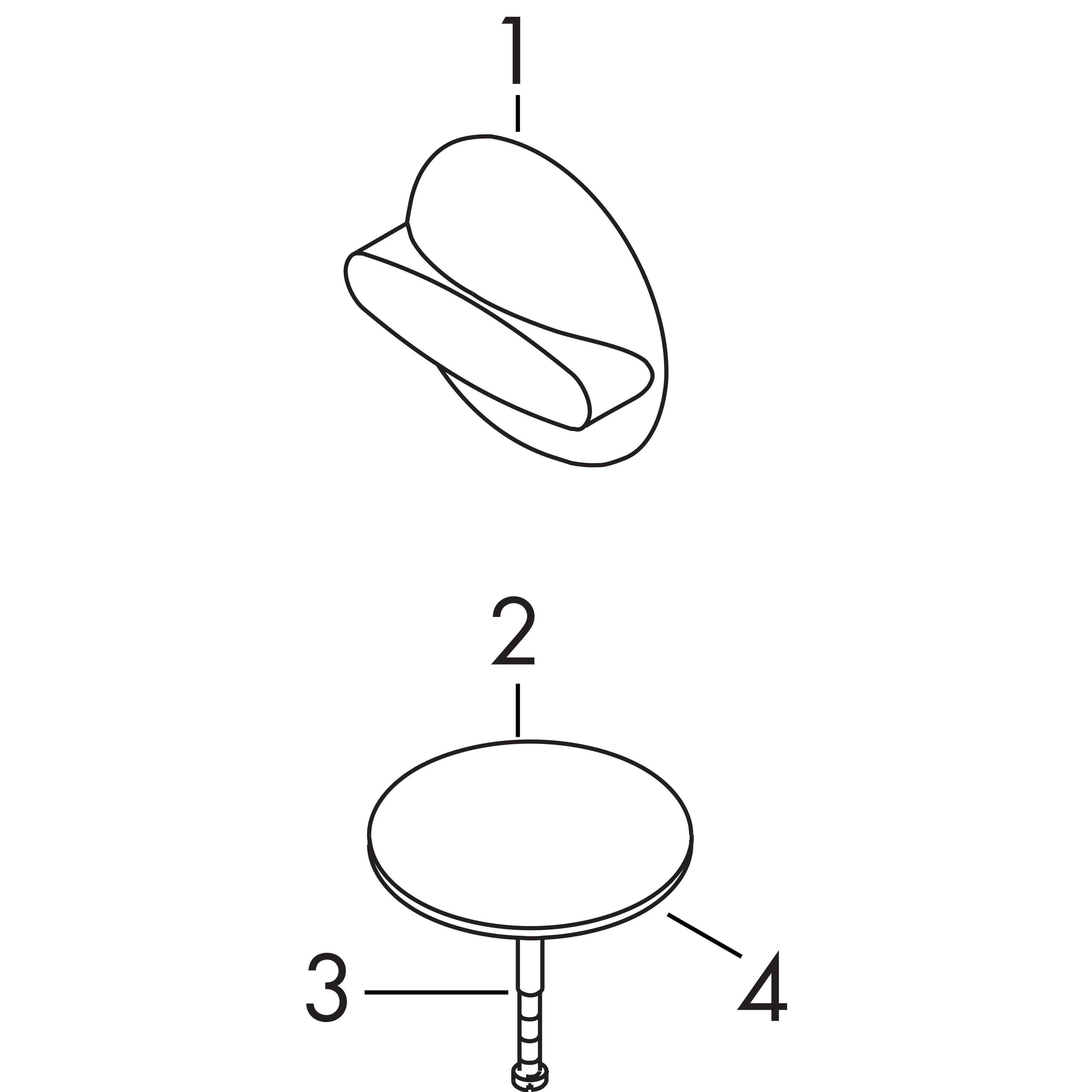 Strichzeichnung eines dreiteiligen Produktdiagramms: Ein abgerundetes oberes Teil mit einer Seitenstange mit der Bezeichnung 1, eine ovale Scheibe auf einem Stiel mit der Bezeichnung 2, und Hinweise 3 und 4, die auf den Stiel und die Scheibenkante zeigen.