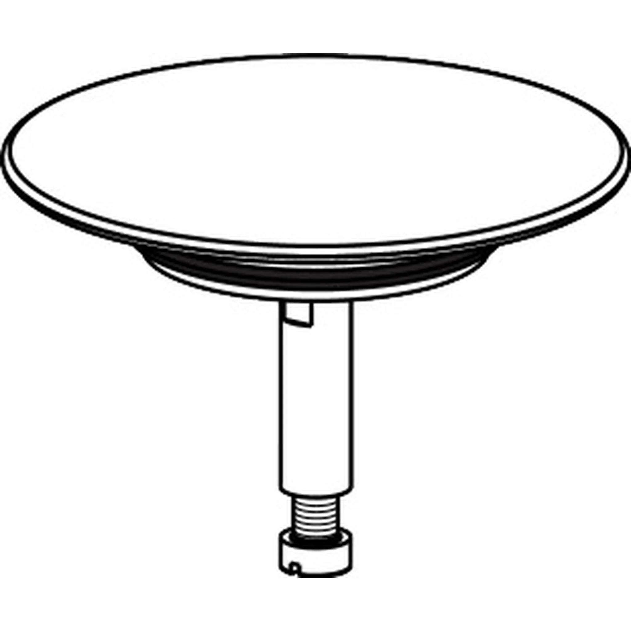 Schwarz-Weiß-Illustration einer runden Tischplatte mit zentralem Sockel und verstellbarer Schraubenbasis, ähnlich wie ein Tisch- oder Hocker-Ständer.