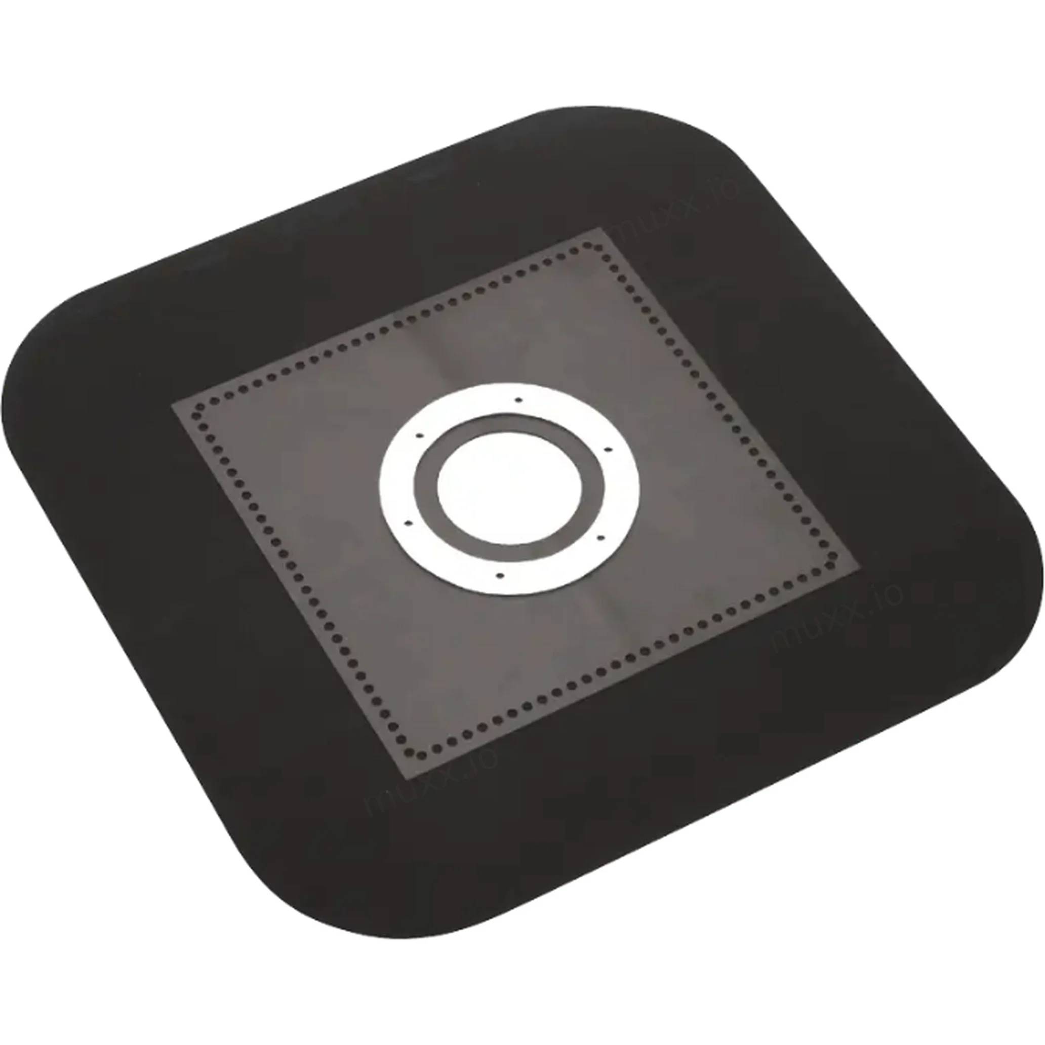 Quadratische schwarze elektronische Komponente mit einem zentralen silbernen kreisförmigen Stecker oder Objektiv auf einem grauen Einbaupanel.