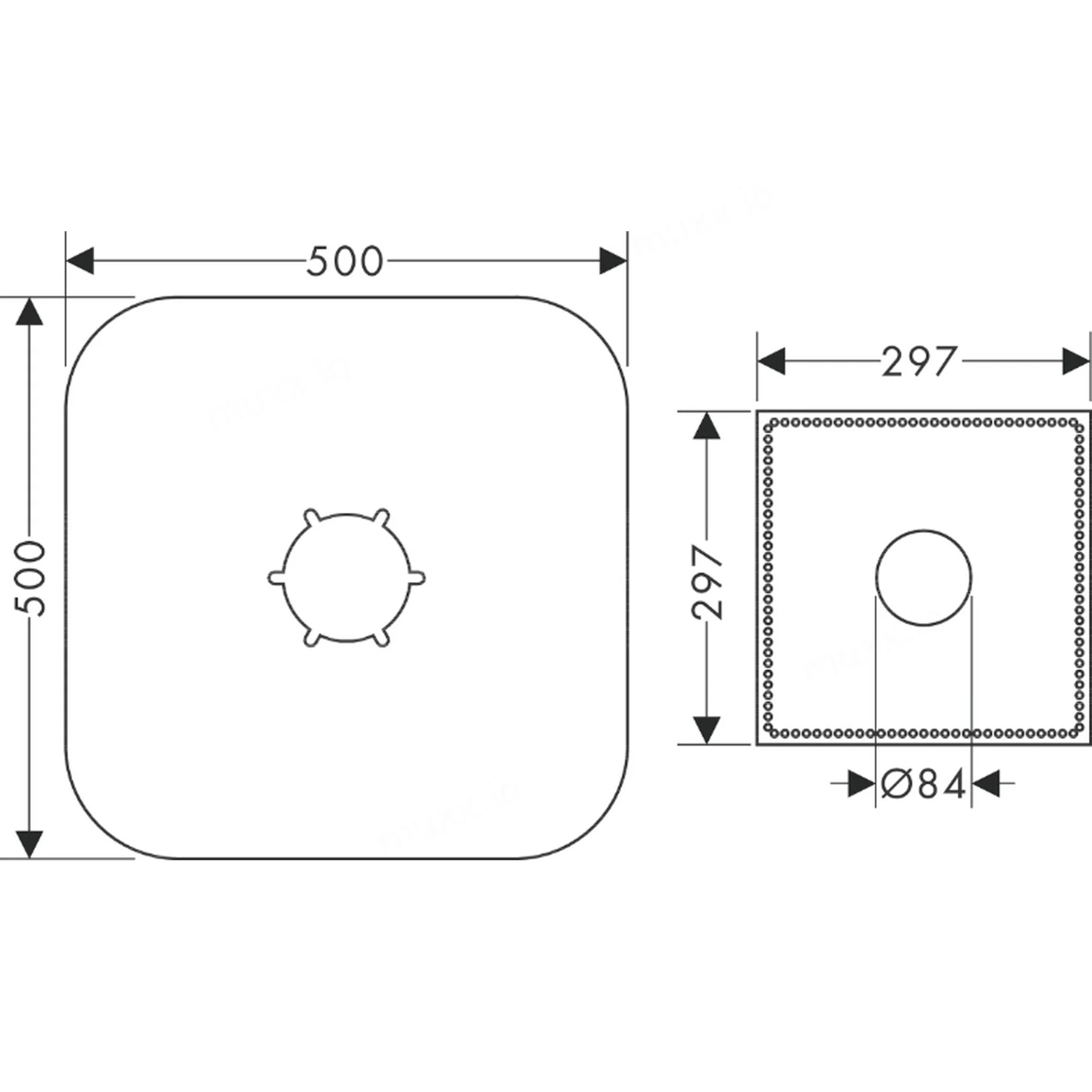 Technische Zeichnung von zwei quadratischen Paneelen: ein 500 x 500 mm Paneeel mit abgerundeten Ecken und einer zentrierten kreisförmigen Armatur, und ein 297 x 297 mm Paneeel mit einer 84 mm kreisförmigen Öffnung.