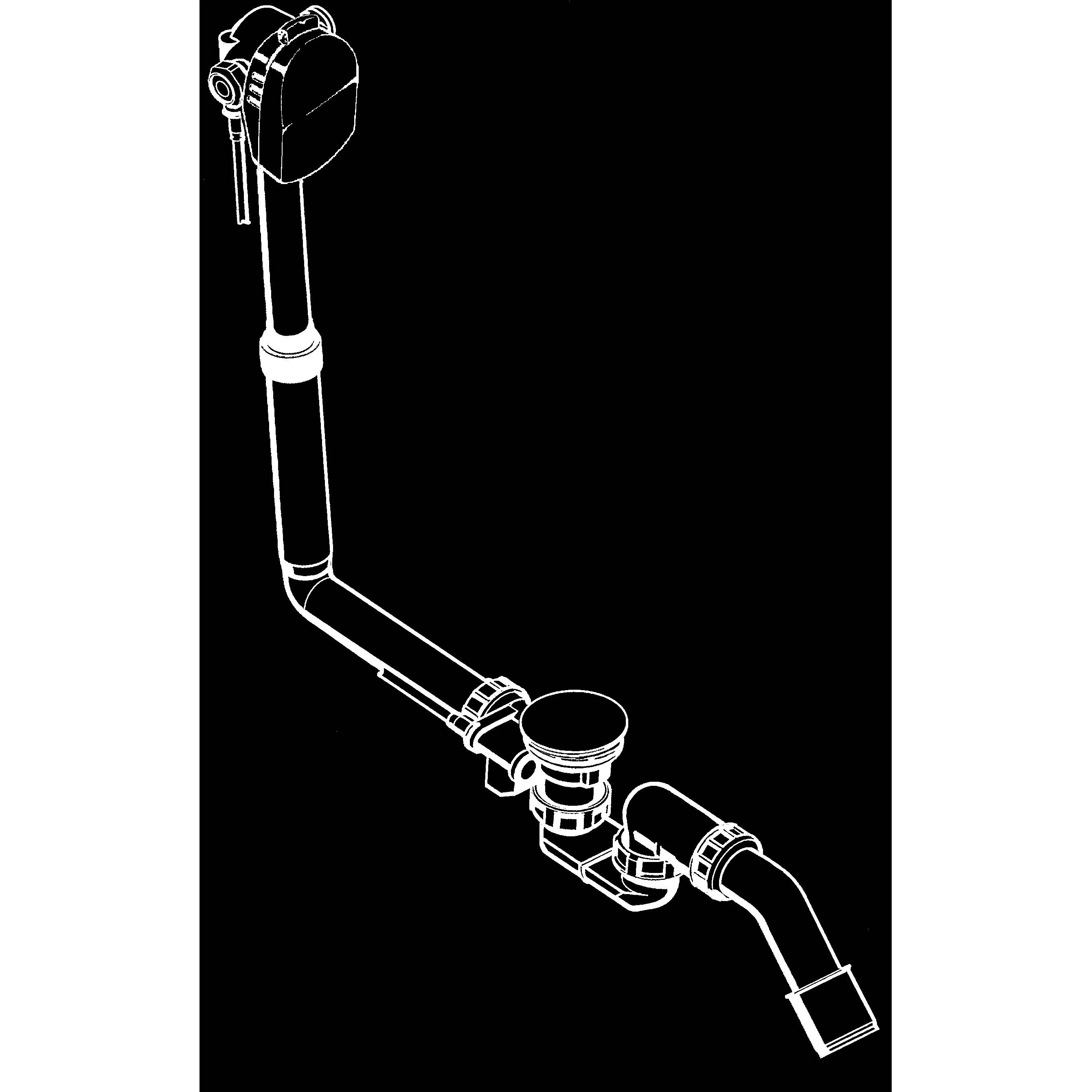 Weiße Linienzeichnung einer Sanitär-Abflussrohranlage mit Siphon, vertikalem Rohr und geneigtem Auslass auf schwarzem Hintergrund.