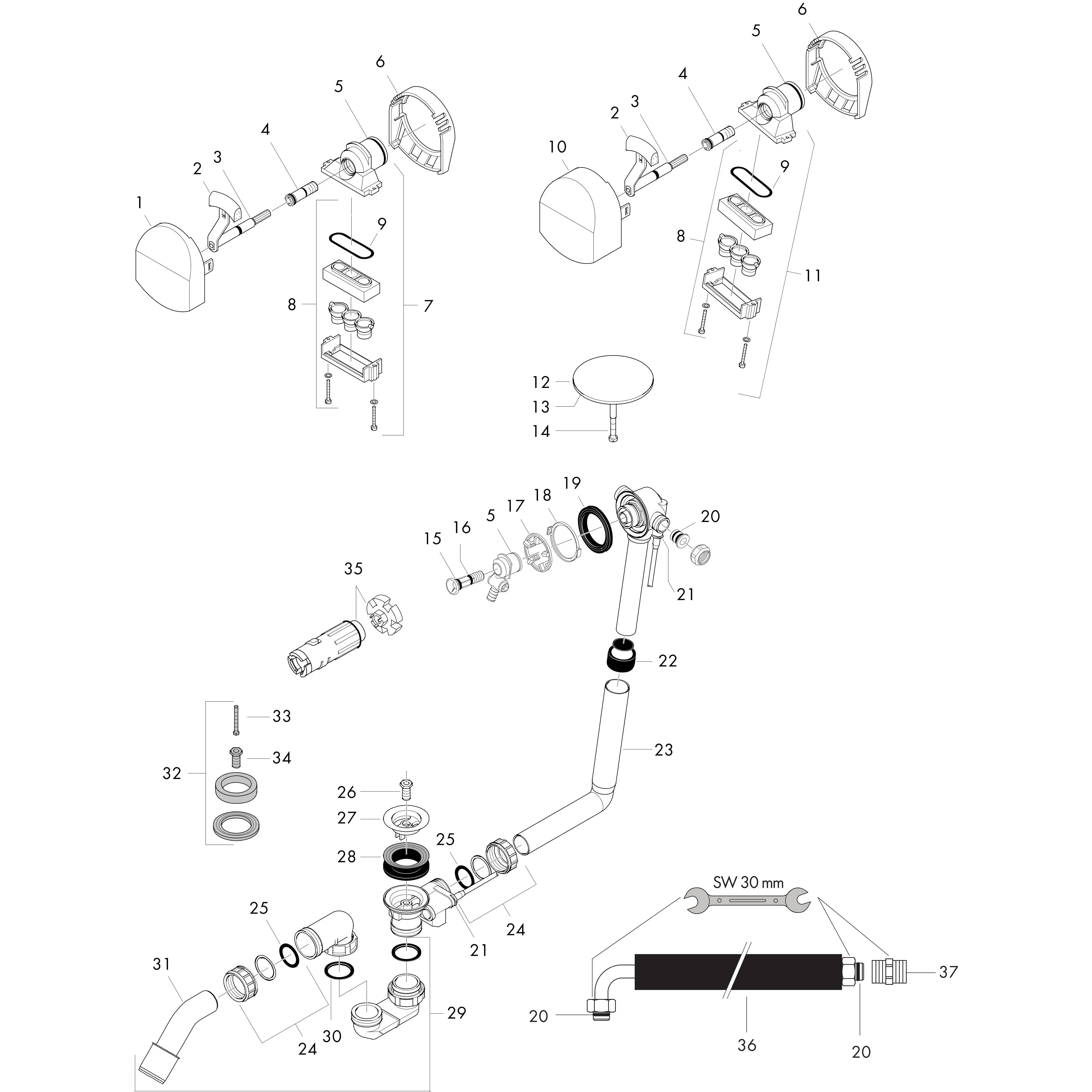 Explodierte technische Zeichnung eines tragbaren Geräts mit gekennzeichneten Teilen, Schrauben, Dichtungen und der Hauptgehäusemontage mit Stromkabel und Griff.