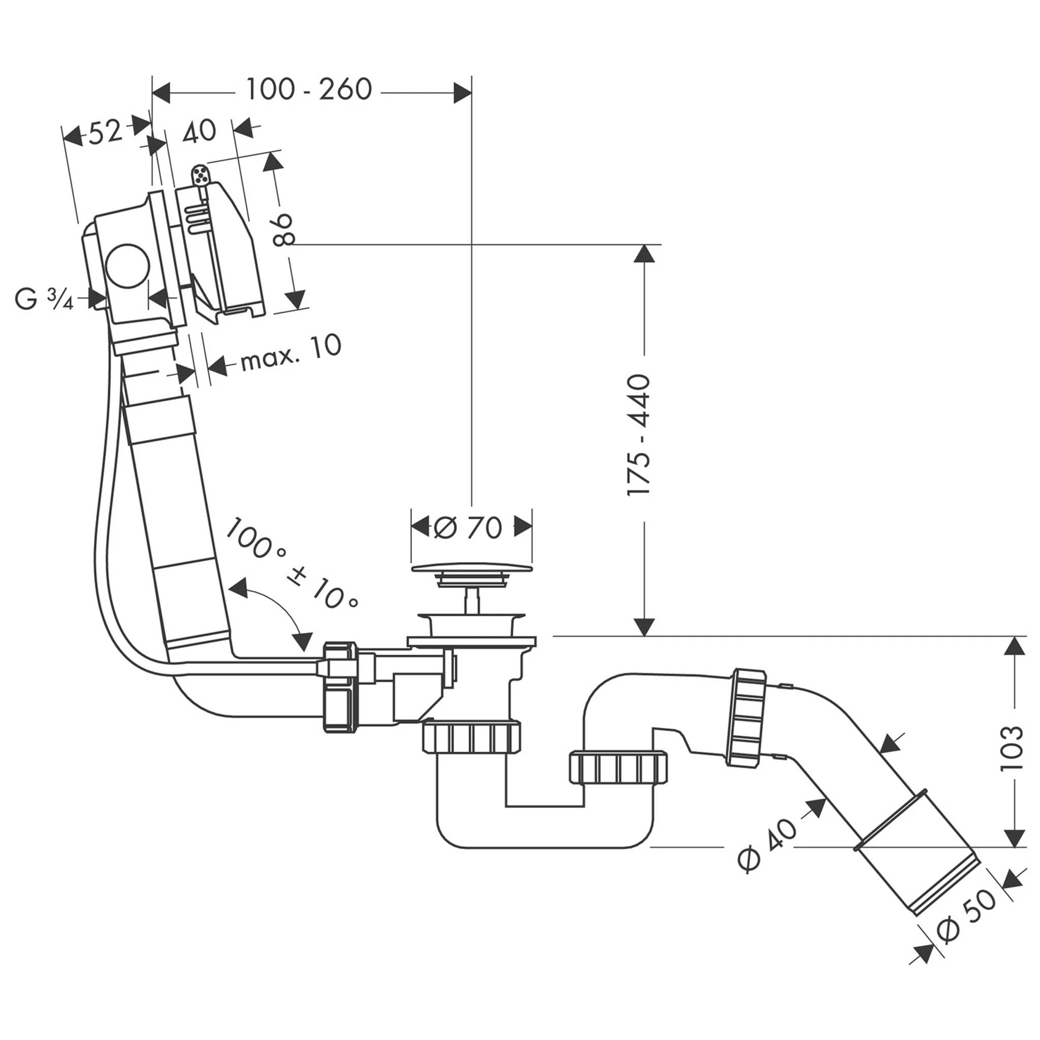 Technisches Sanitärdiagramm einer Spülbeckenentwässerungsanlage mit Abfallsiphon und flexiblem Schlauch, das Verbindungswinkel und Abmessungen wie 100–260, 175–440, Ø70, Ø40 und Ø50 zeigt.