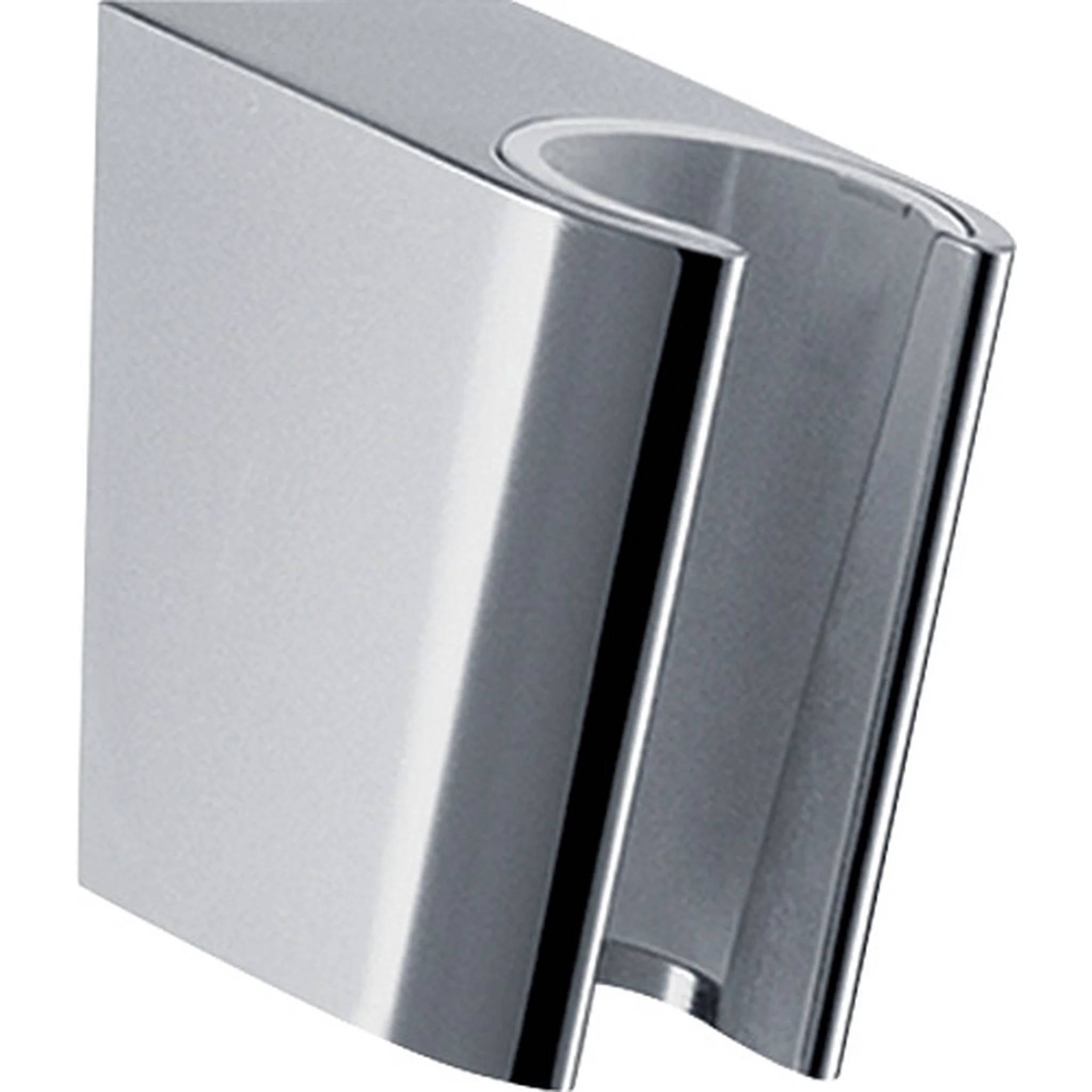 Silbernes Metallwandhalter oder -clip mit gekrümmter Frontöffnung, auf weißem Hintergrund dargestellt.