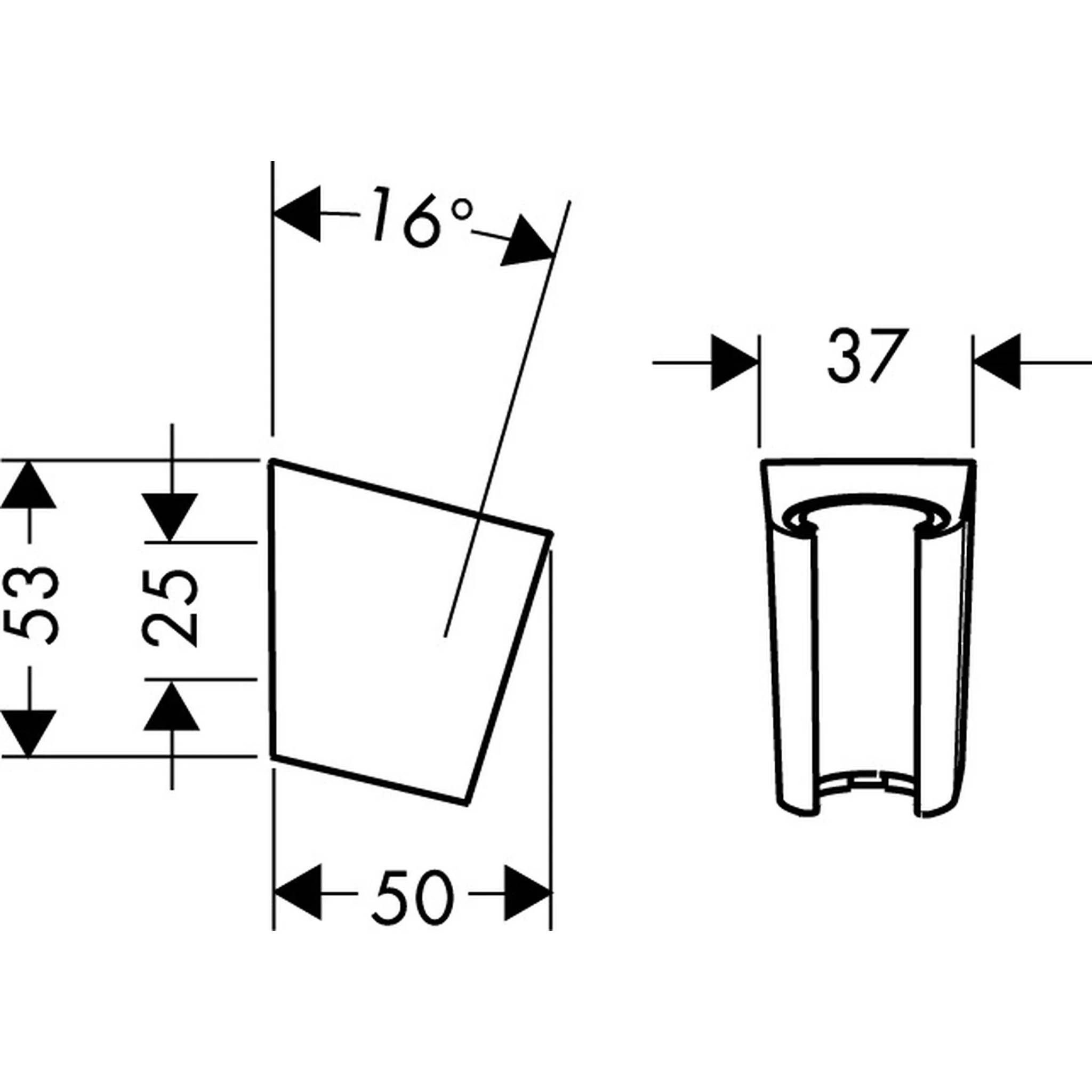 Technische Strichzeichnung eines kleinen konischen Teils, die Abmessungen 53, 25, 50, 16 Grad und 37 mm zeigt, mit Vorder- und Seitenansicht.