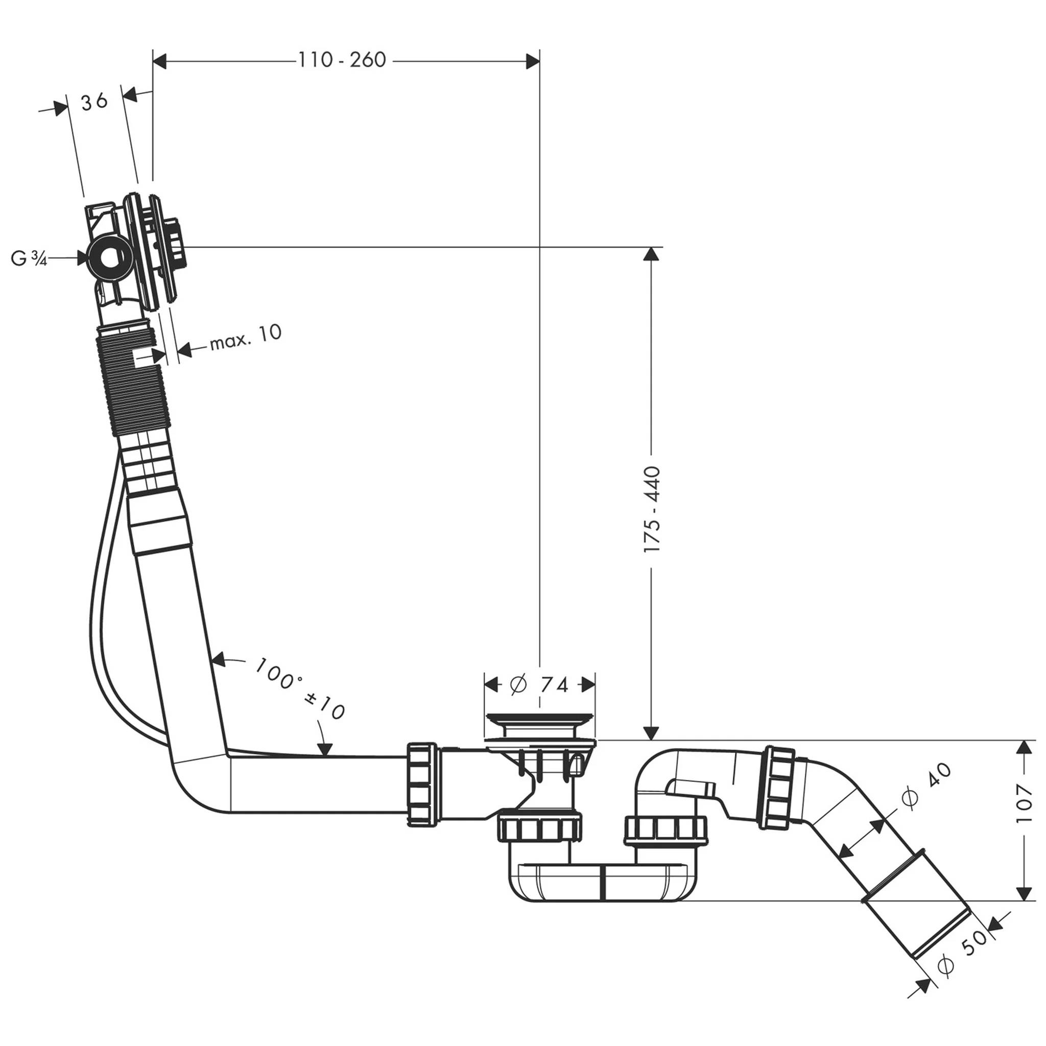 Technisches Sanitärinstallationsdiagramm mit einer gebogenen Rohrbaugruppe mit beschrifteten Abmessungen und Winkeln, einschließlich 110-260 mm, 175-440 mm, 100° ±10 und Durchmessern Ø74, Ø40, Ø50.
