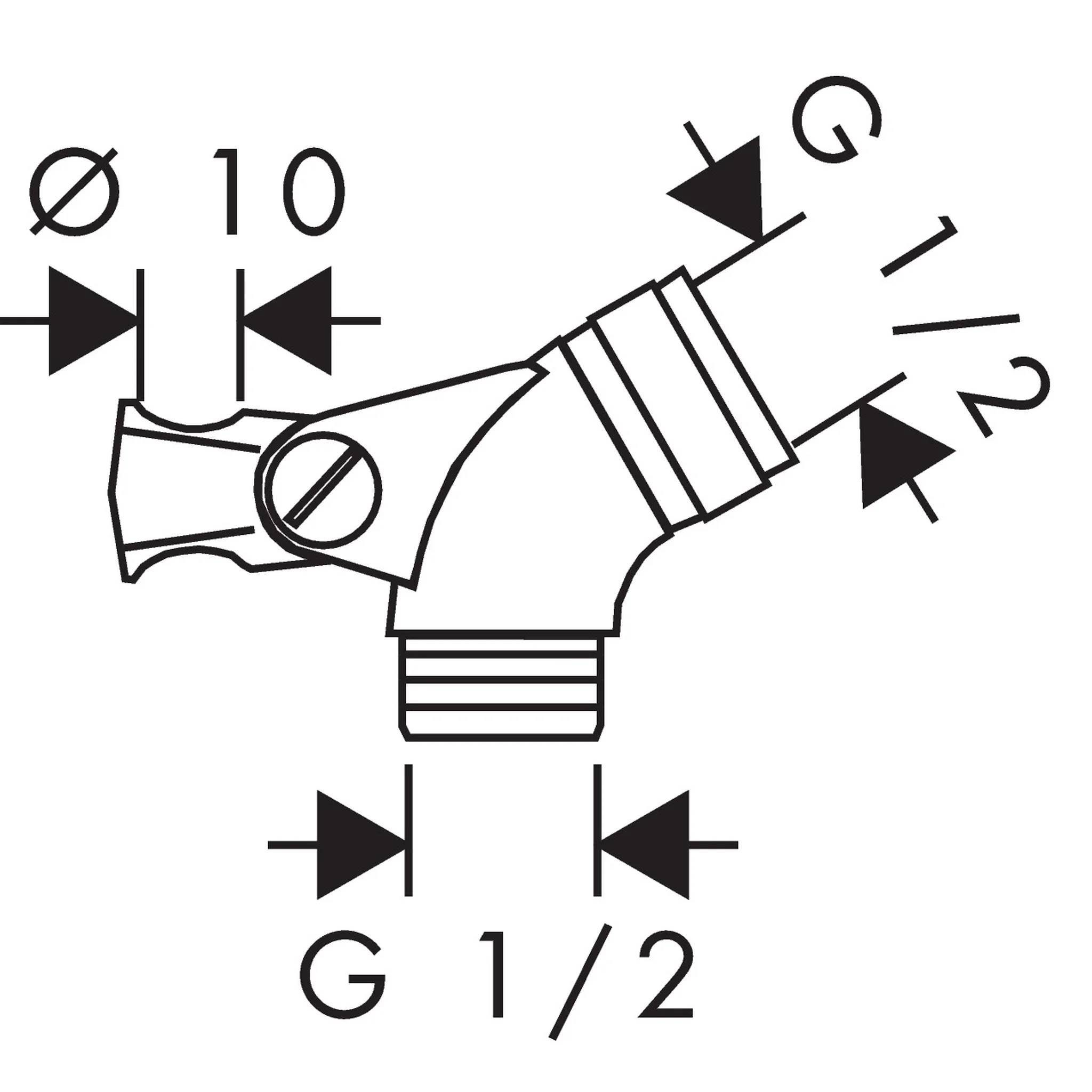 Technische Zeichnung einer Rohrfitting/Armatur mit beschrifteten Abmessungen und Anschlussgrößen, einschließlich Ø10, G 1/2 und 1/2 Messungen.