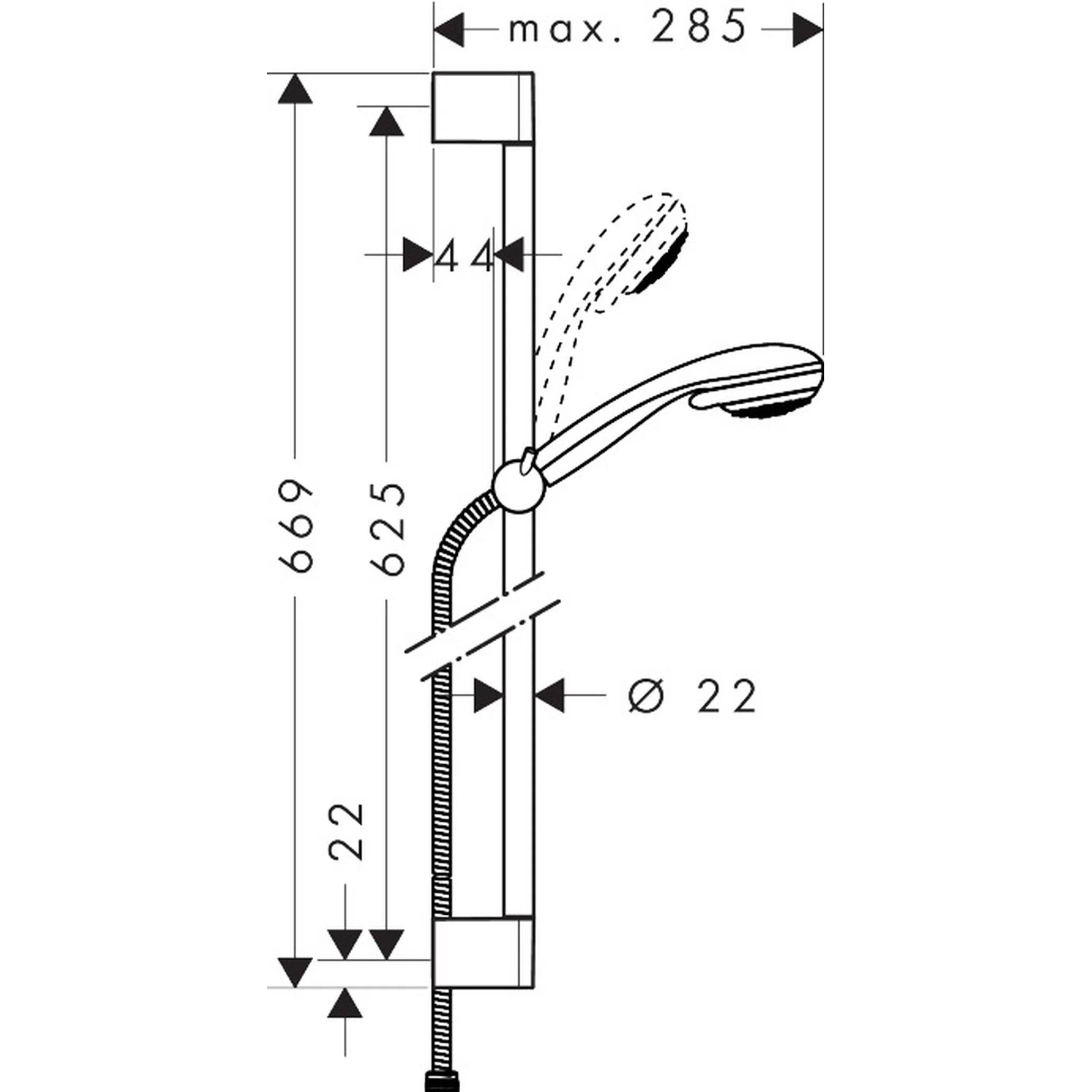 Diagramm der Duschschiene mit verstellbarem Handbrausekopf und Schlauch mit beschrifteten Abmessungen max. 285, 669, 625, 22, 44 und Ø22.