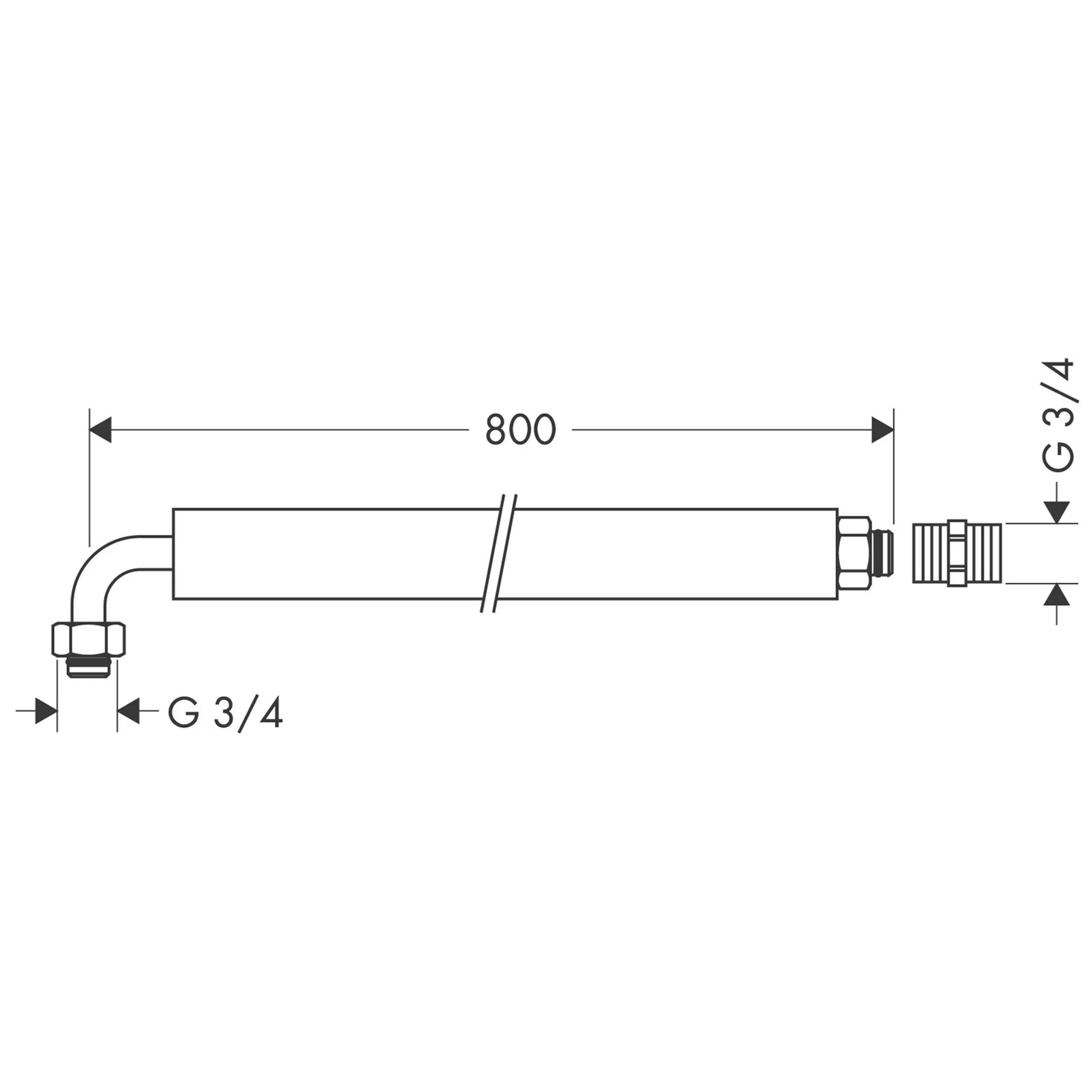 Technische Strichzeichnung einer 800 mm Schlaucharmatur mit G 3/4 Gewinde-Anschlüssen und Bogenfitting auf einer Seite, mit Anschlussmaßen.