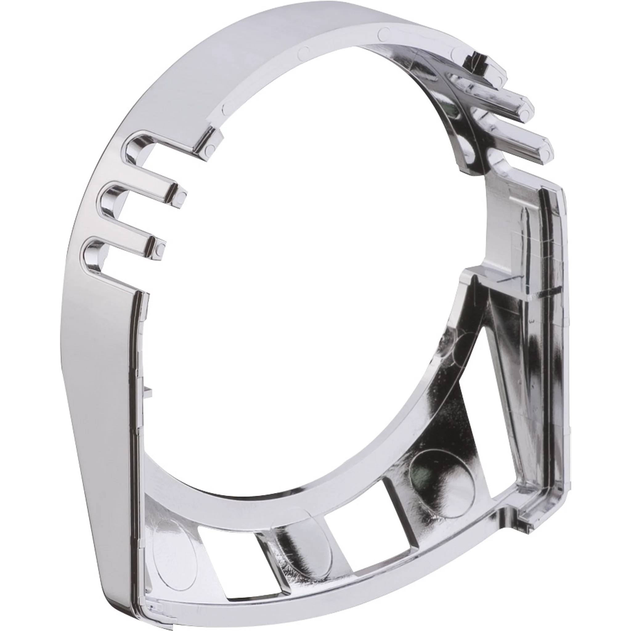Verchromte kreisförmige Metallklemme oder ein Ring mit einer offenen Seite, isoliert auf weißem Hintergrund dargestellt.