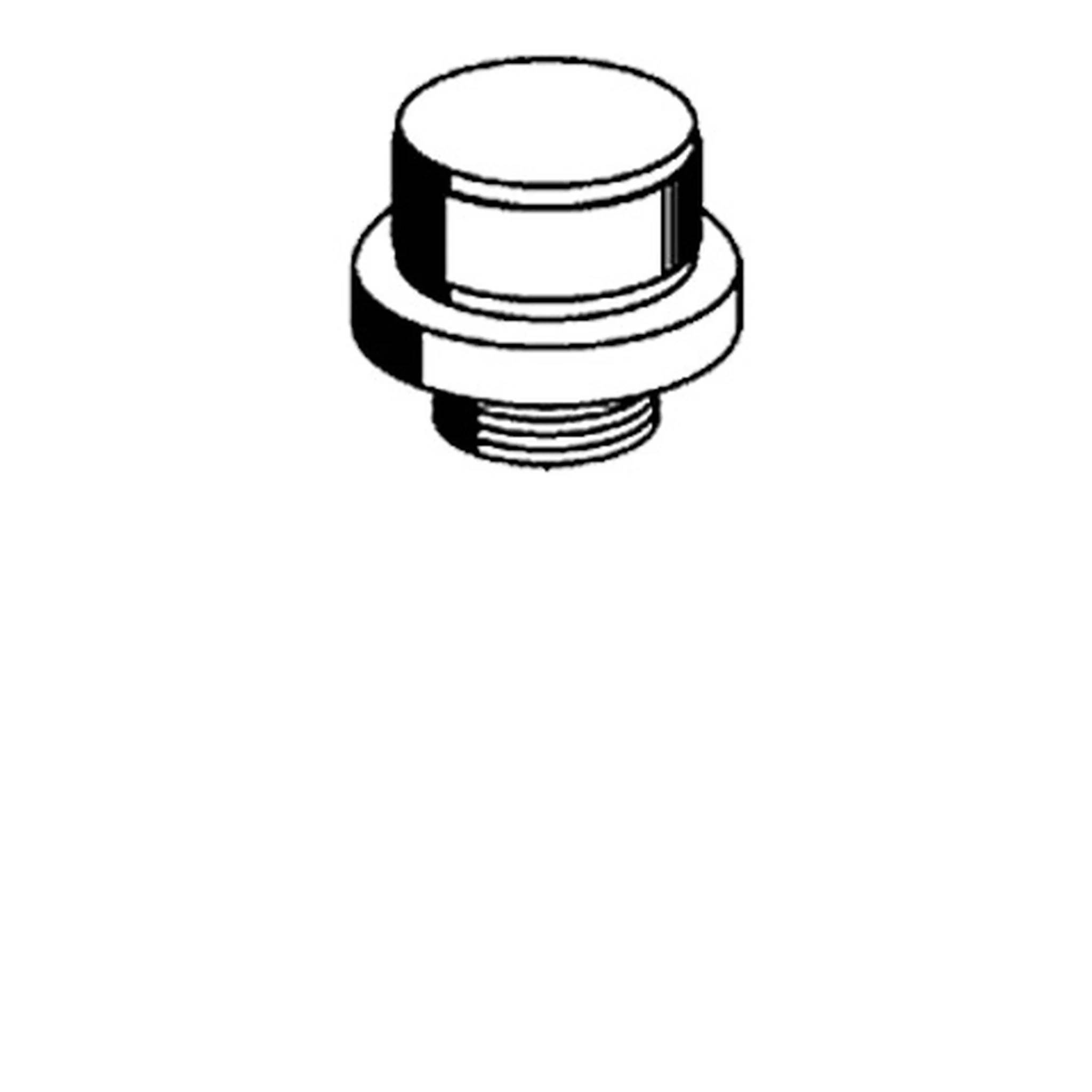 Schwarz-Weiß-Illustration einer Gewindebefestigung oder Schraube mit breitem Flansch und sechskantiger Kopf, isoliert auf weißem Hintergrund dargestellt.