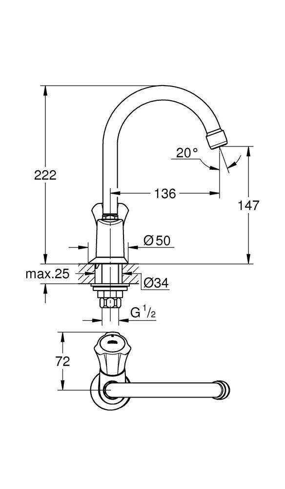 GROHE Standventil COSTA 1/2Zoll schwb Rohrausl. m Mousseur chr