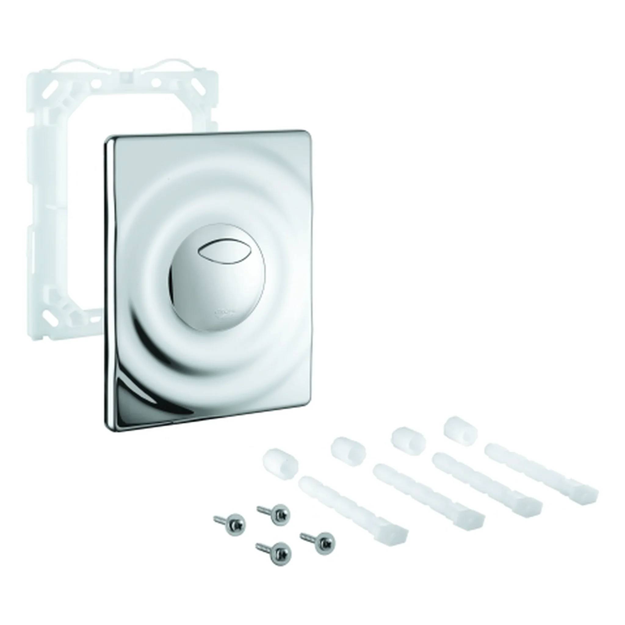 Chrom-Wanddimmer-Schalter mit Montageklemme, Schrauben und Wanddübel auf weißem Hintergrund dargestellt.