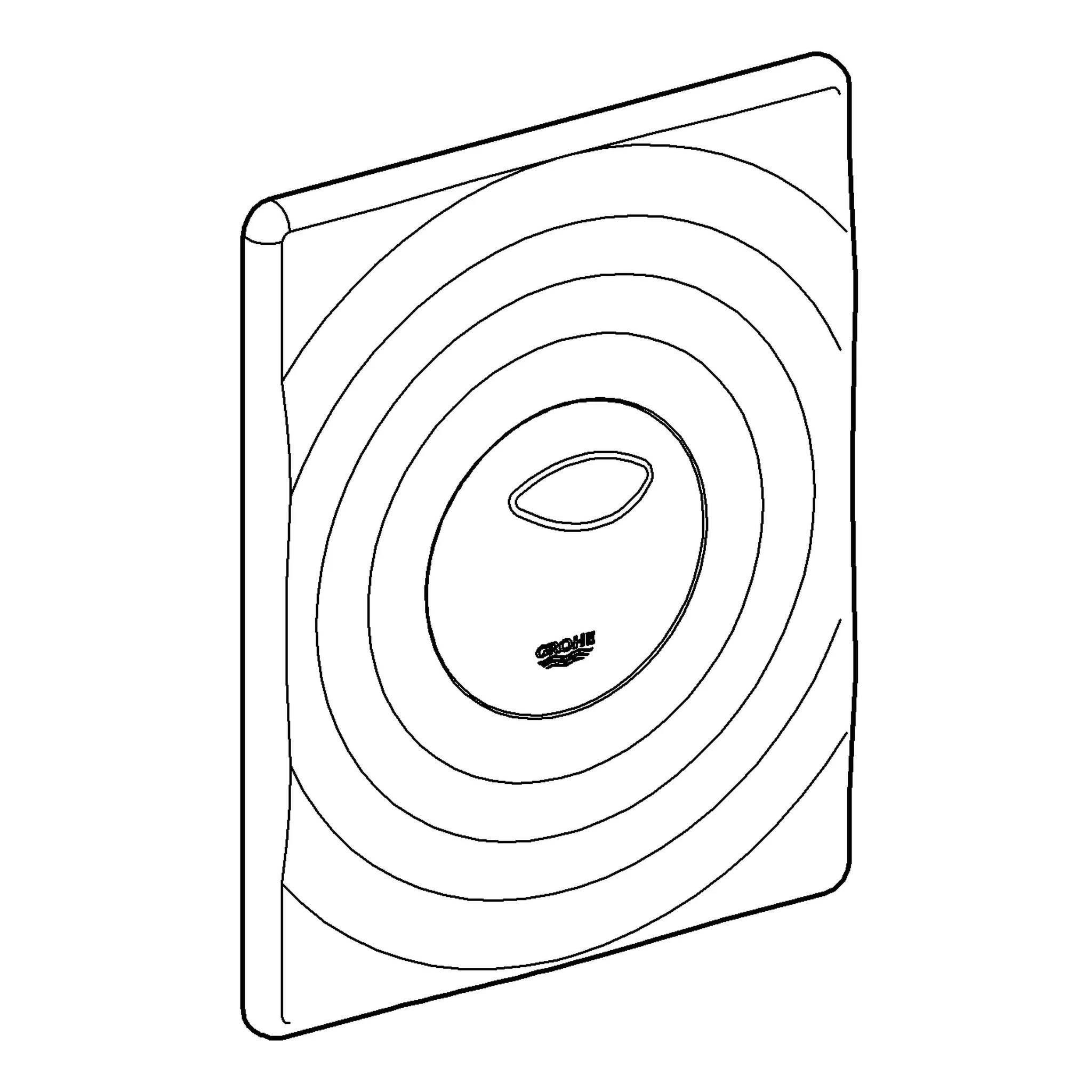 Darstellung einer quadratischen wandmontierten Spülplatte von Grohe mit einem zentralen ovalen Knopf und konzentrischem Kreisdesign.
