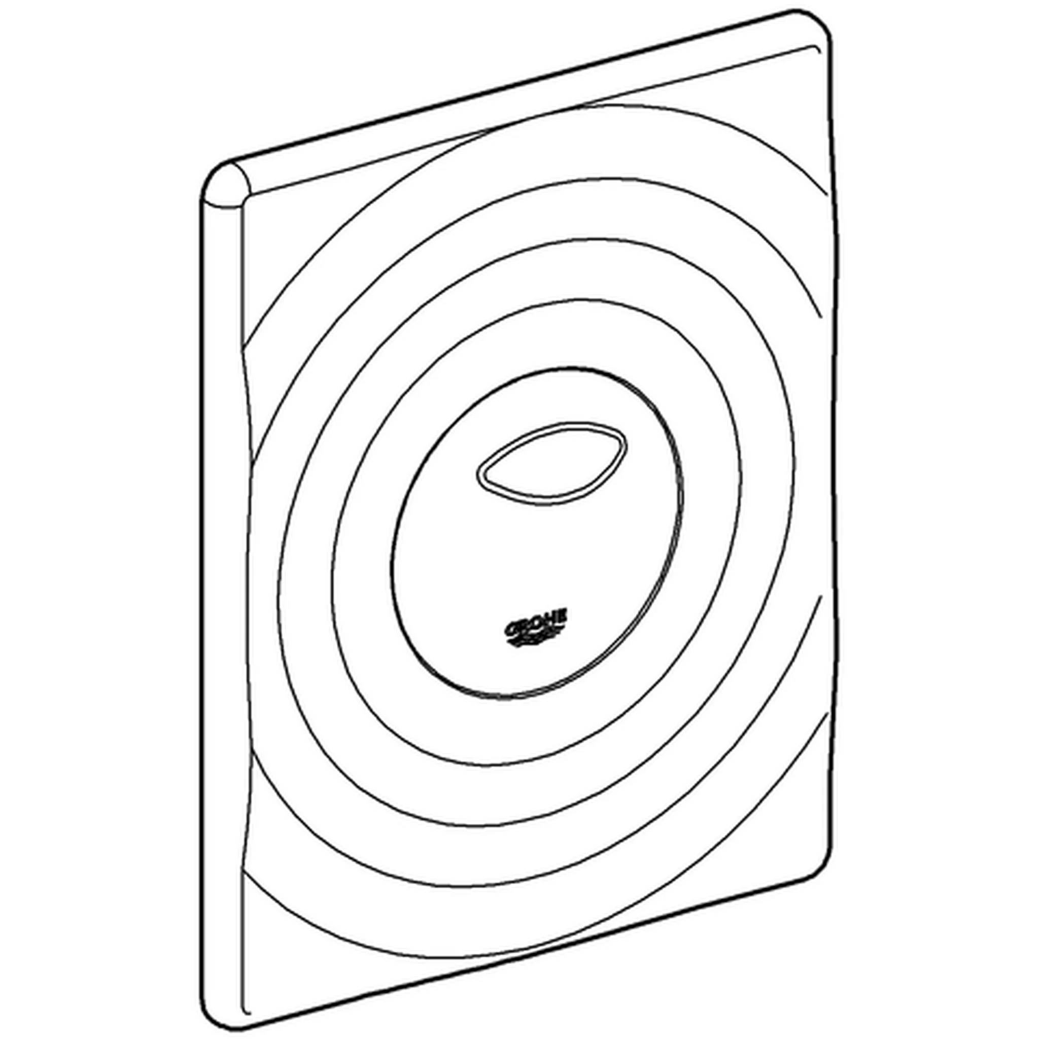 Linienzeichnung eines eingelassenen quadratischen Wandpanels mit konzentrischen Kreisringen und einer kleinen zentralen ovalen Öffnung, wahrscheinlich eine dekorative Lüftung oder Lautsprecherabdeckung.