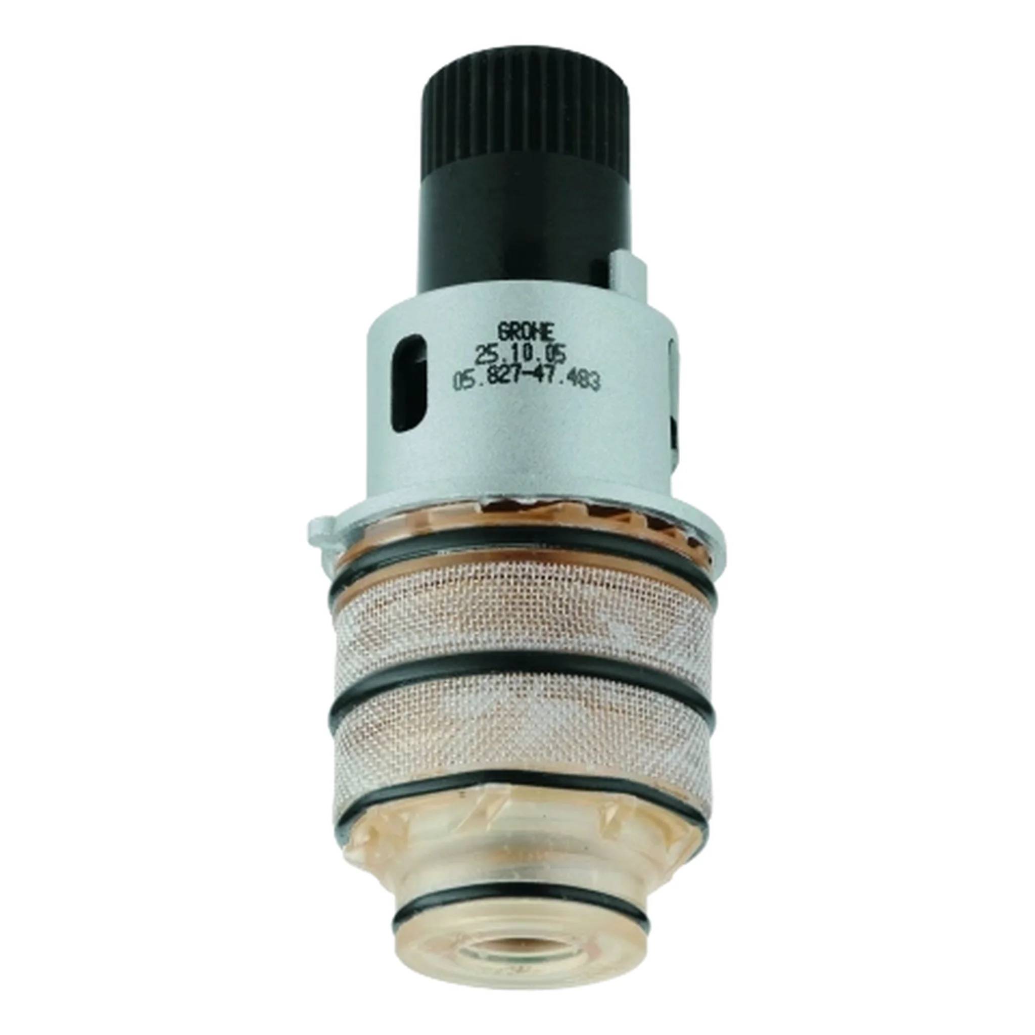 Nahaufnahme einer zylindrischen mechanischen Filterpitrone oder Ventilpatrone mit schwarzer Kappe und hellgrauem Gehäuse, freigestellt auf weißem Hintergrund.