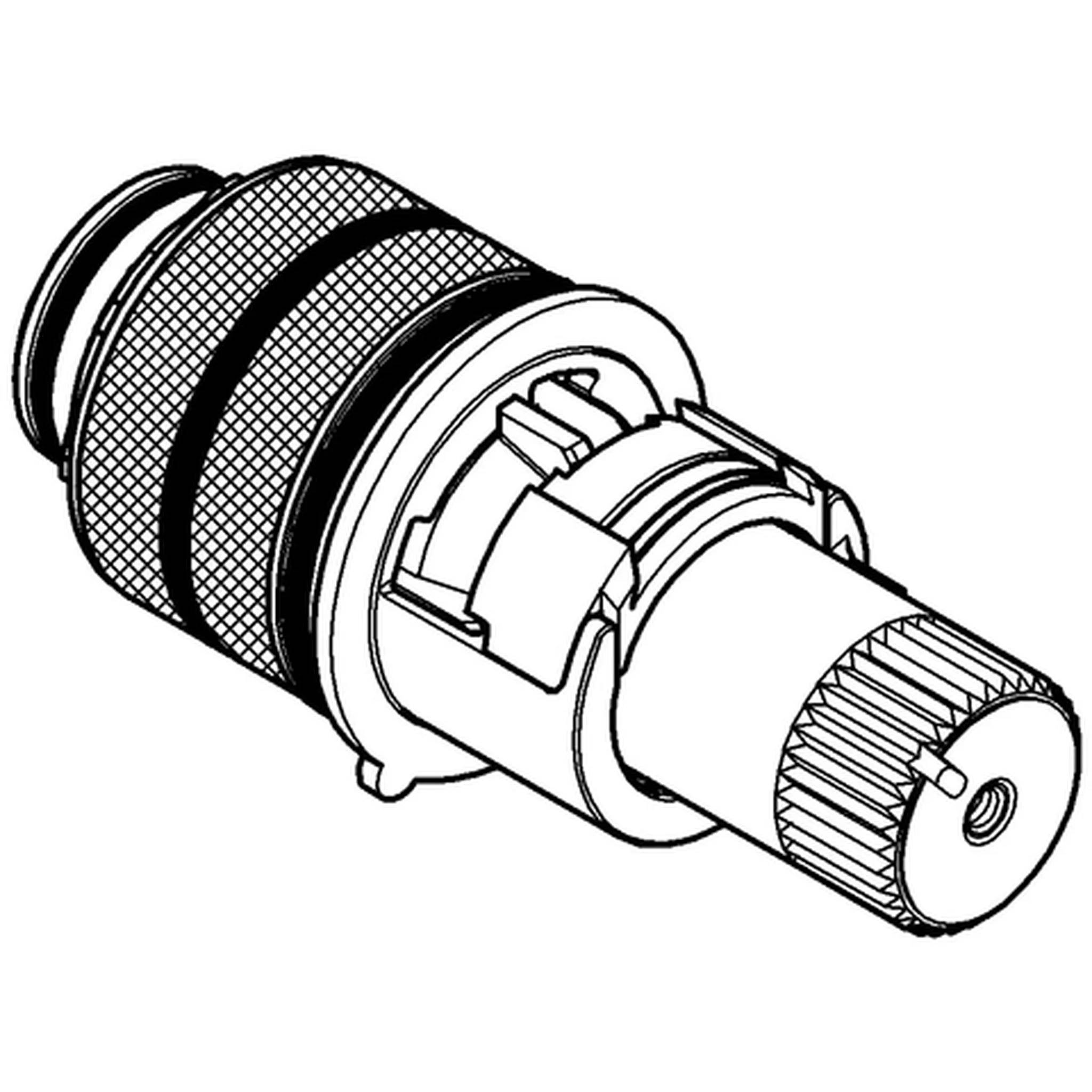 Technische Strichzeichnung eines zylindrischen mechanischen Steckers oder Steckverbinders mit gerilltem Griff und Gewinde am Ende.