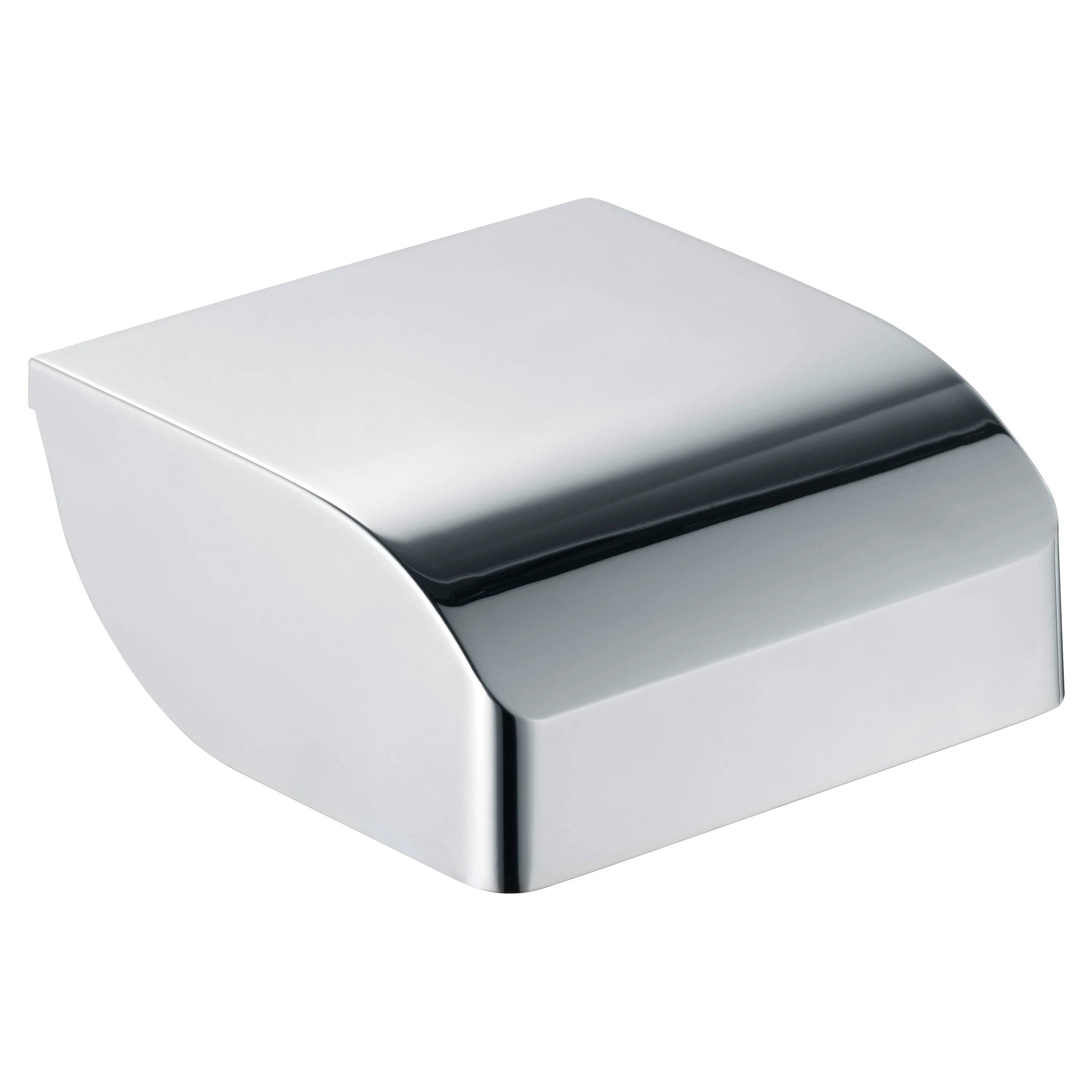 Moderner Chromtoilettenpapierhalter mit Abdeckung auf weißem Hintergrund.