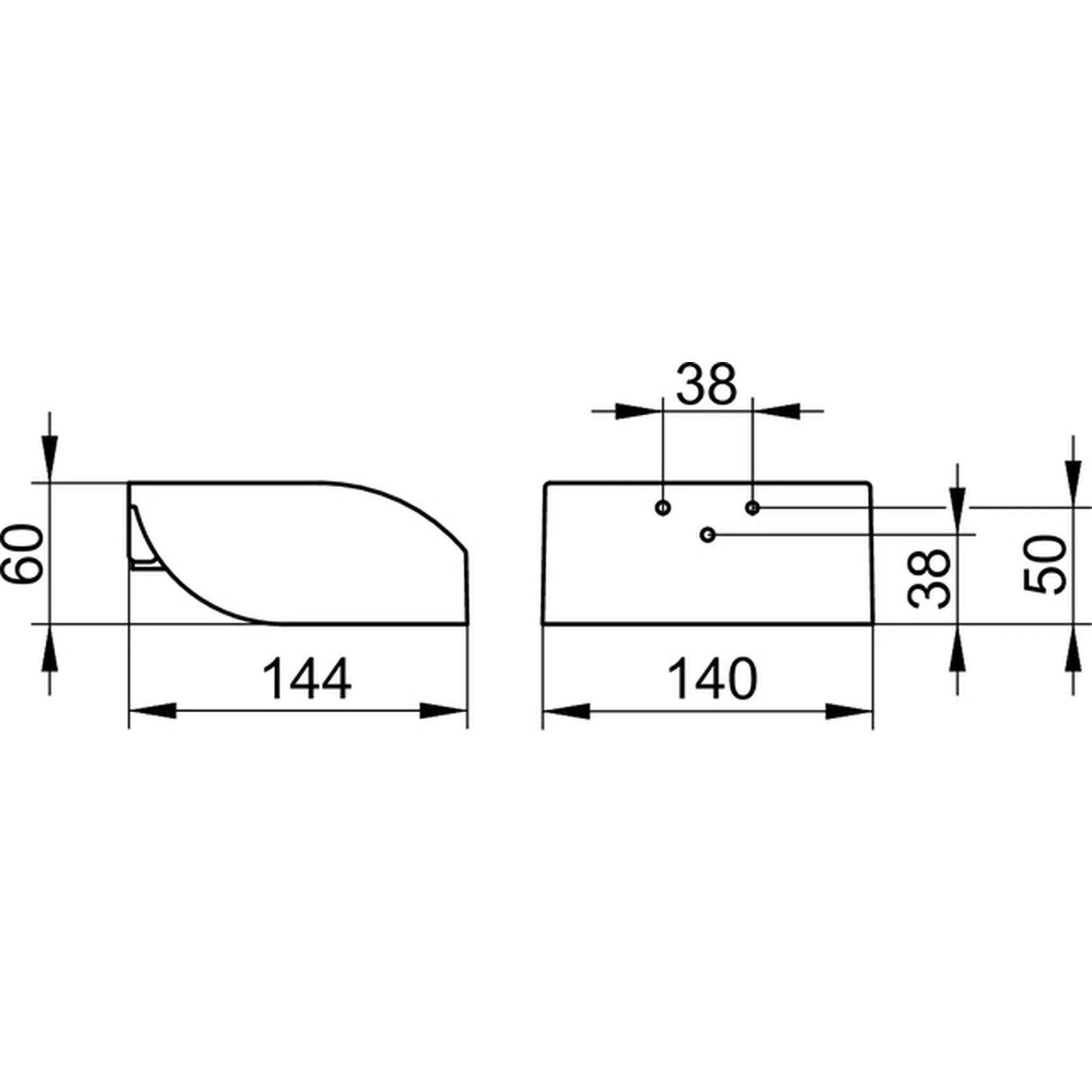 Technische Zeichnung einer rechtwinkligen Halterung oder eines Bauteils, das Seiten- und Vorderansichten mit Abmessungen zeigt: 144, 140, 60, 50 und 38 mm.