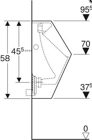 Technische Zeichnung eines Scharnierhalters oder Verschlusses, Profilansicht von der Seite mit gestricheltem innerem Umriss und gekennzeichneten Abmessungen 58, 45, 95, 70 und 37,5.