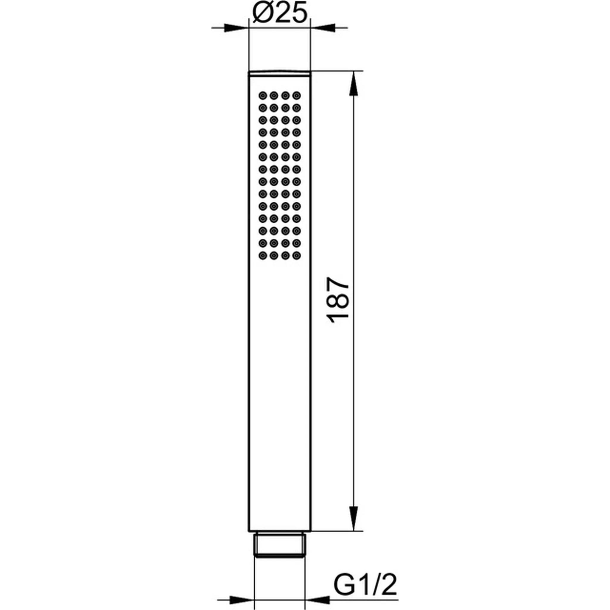 Technische Zeichnung eines zylindrischen Duschkopfes mit den Abmessungen Ø25 mm und 187 mm mit G1/2-Anschluss.
