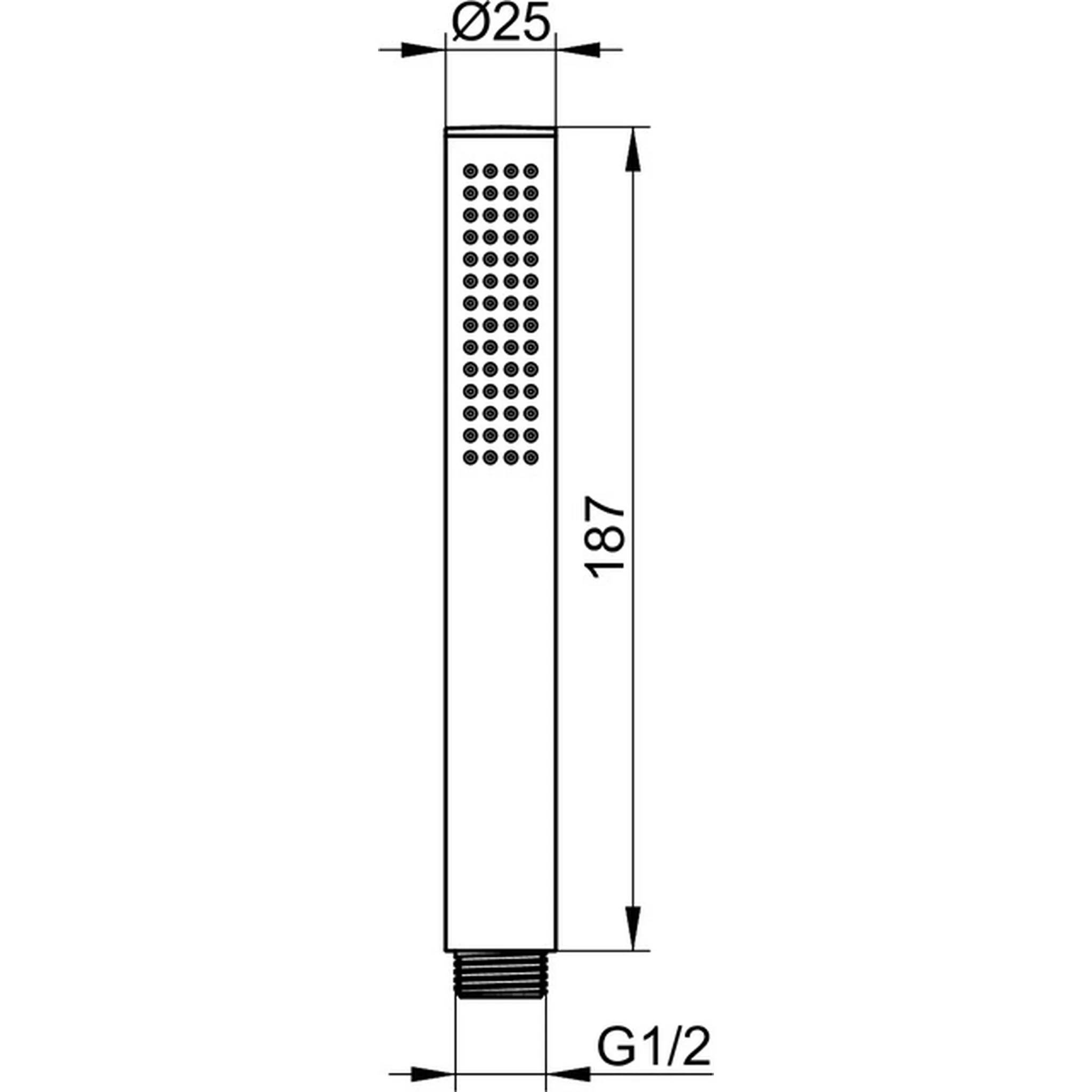 Technische Zeichnung eines zylindrischen Bauteils, Ø25 mm und 187 mm lang, mit perforiertem Oberteil und G1/2 Gewindeende.