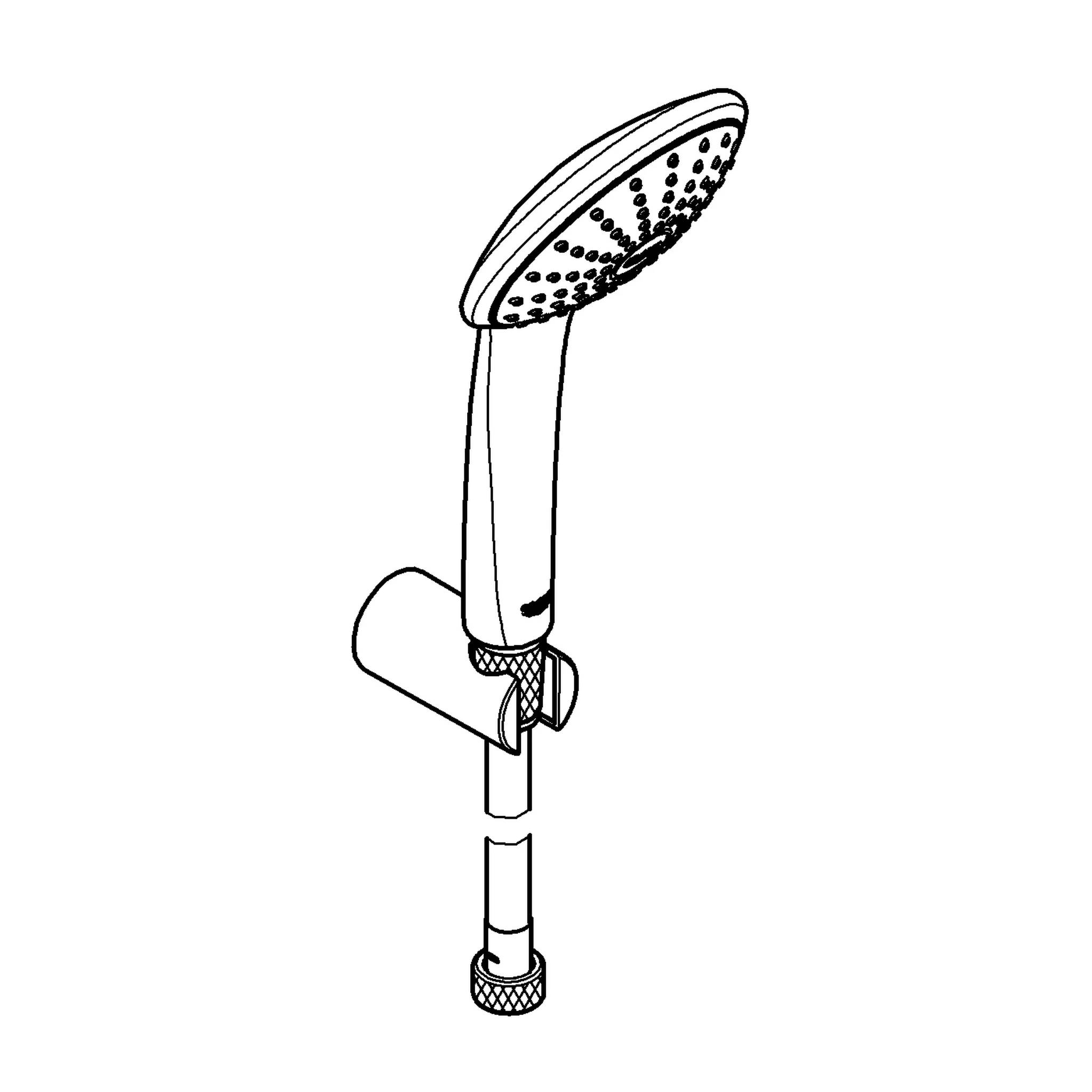 Schwarz-Weiß-Linienzeichnung eines tragbaren Duschkopfes mit Schlauchverbinder, dargestellt im einfachen Produktillustrationen-Stil.