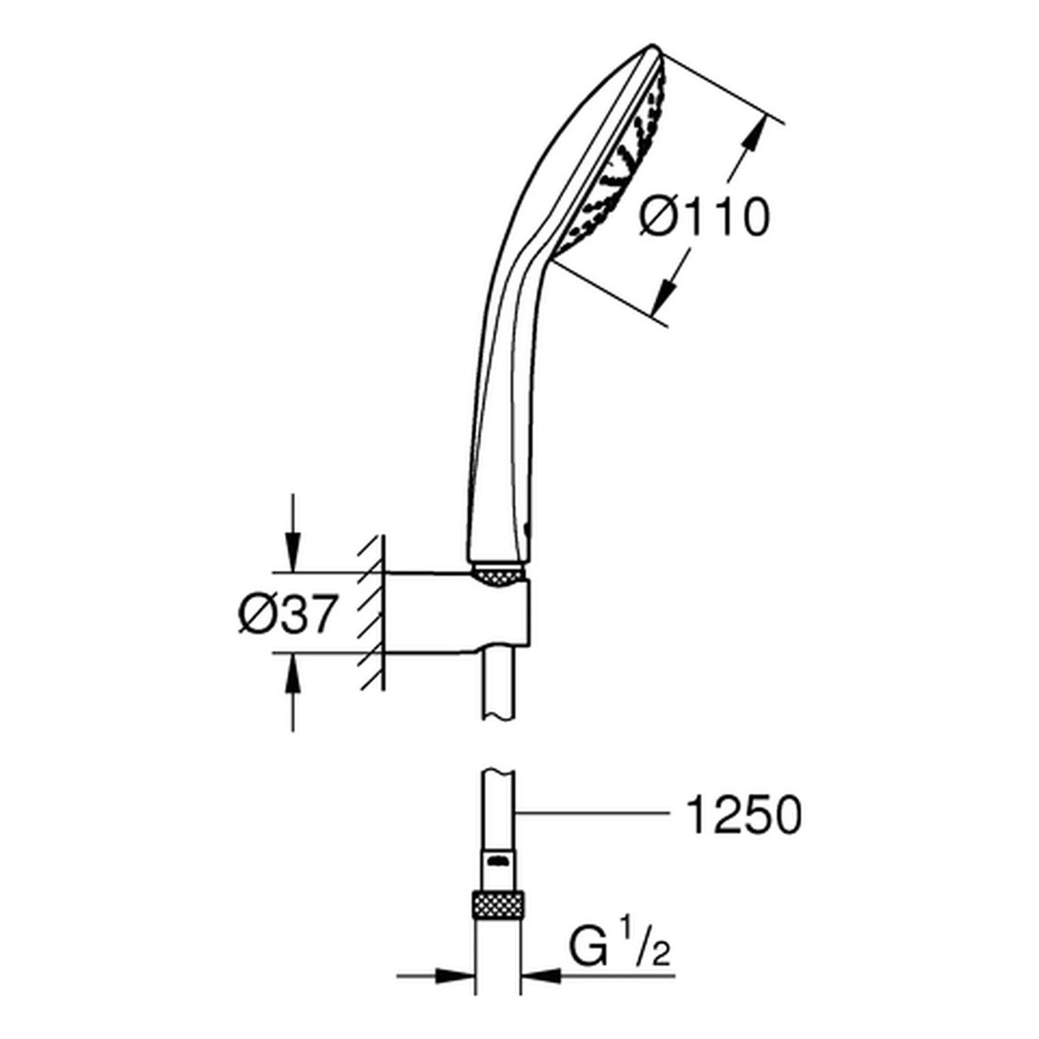 Technische Zeichnung eines tragbaren Duschkopfes mit Abmessungen Ø110, Ø37, 1250 und G 1/2-Anschluss.