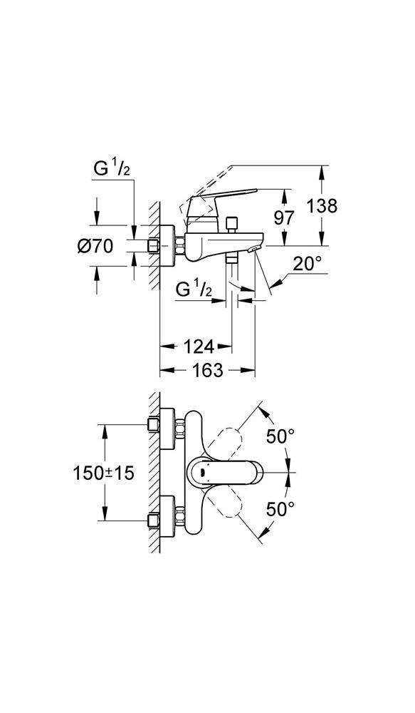 GROHE Einhand-Wannenbatterie EUROSMART COSMOPOLITAN 1/2Zoll chr chrom
