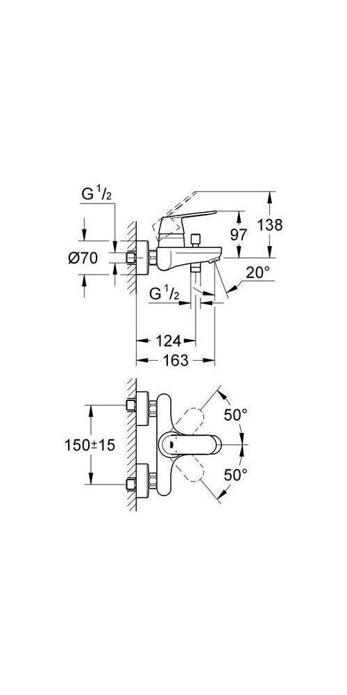 Technisches Sanitärarmatur-Diagramm mit Abmessungen, Durchmessern, Winkeln und Montagemaßen für eine wandmontierte Armatur oder Ventilbaugruppe.