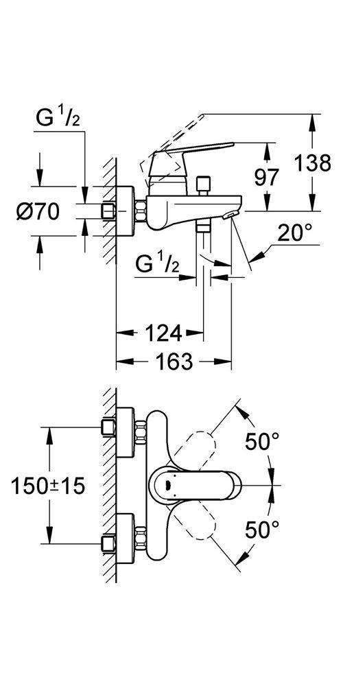 Technisches Installationsdiagramm für Armatur mit Seiten- und Frontansicht mit Maßen: G 1/2 Anschluss, Ø70, 124, 163, 138, 97, 150±15, und Winkeln 20°, 50°.
