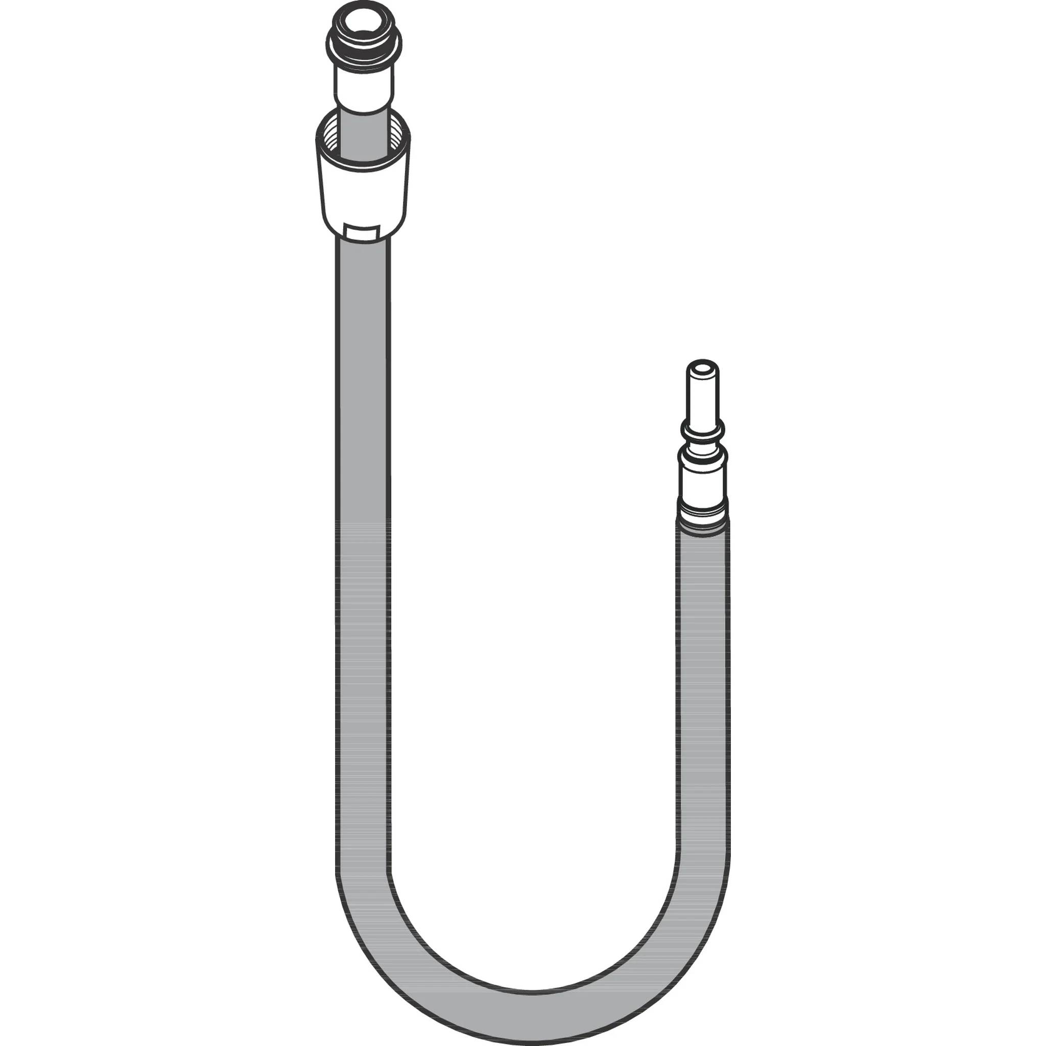 U-förmiger grauer Schlauch mit Anschlüssen an beiden Enden, dargestellt als einfache technische Illustration.