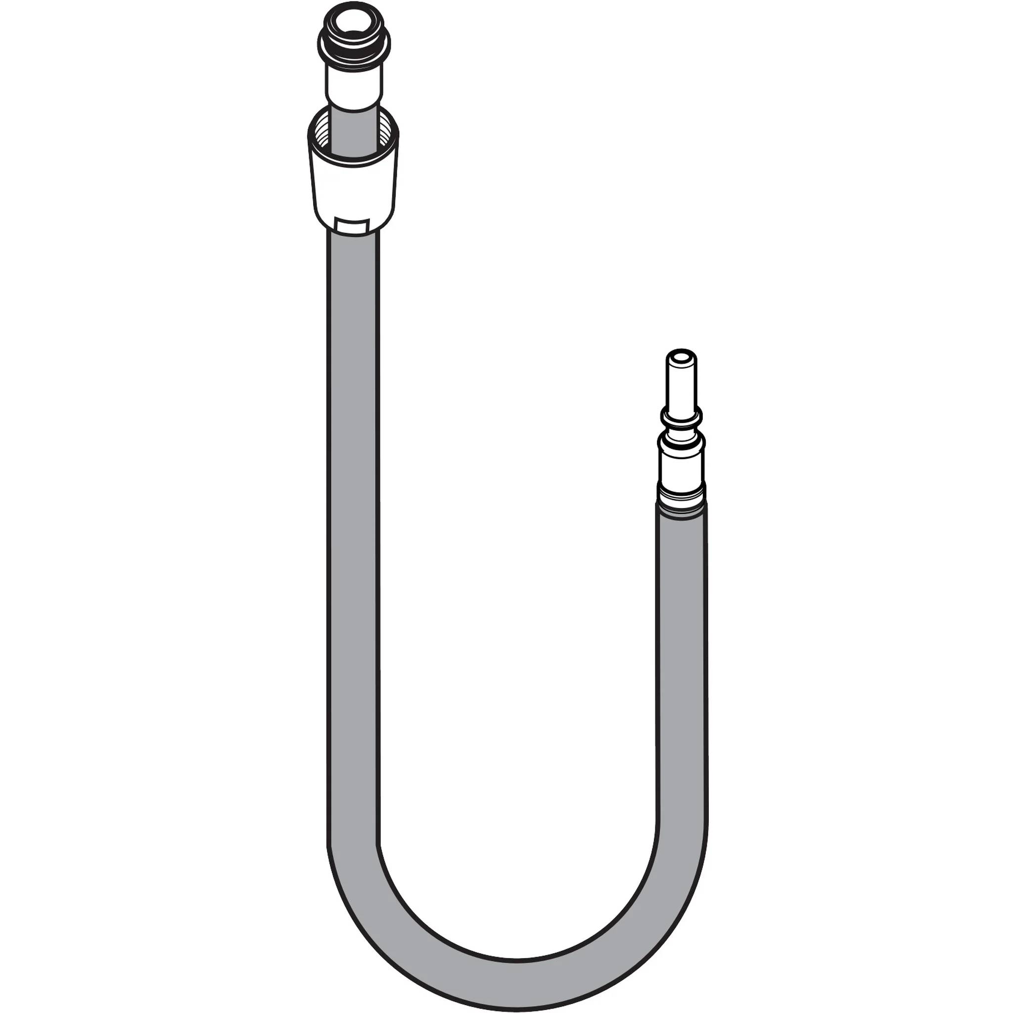 U-förmiger Metallschlauch mit zwei unterschiedlichen Anschlüssen, ein größeres Ende und ein kleineres Ende, gezeigt auf einem einfachen weißen Hintergrund.