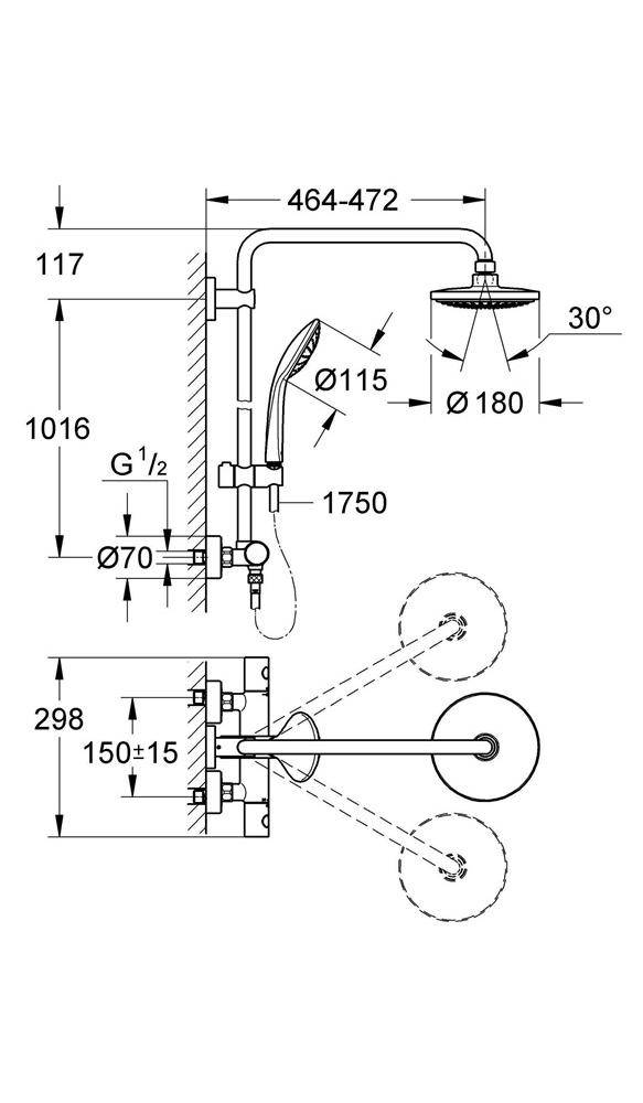 GROHE Duschsystem EUPHORIA 180 m Th f d Wd-mon Duscharm 45cm chr