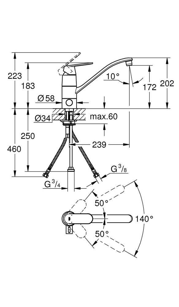GROHE Einhand-Spültischbatterie EUROSMART C 1/2Zoll fla Ala integr
