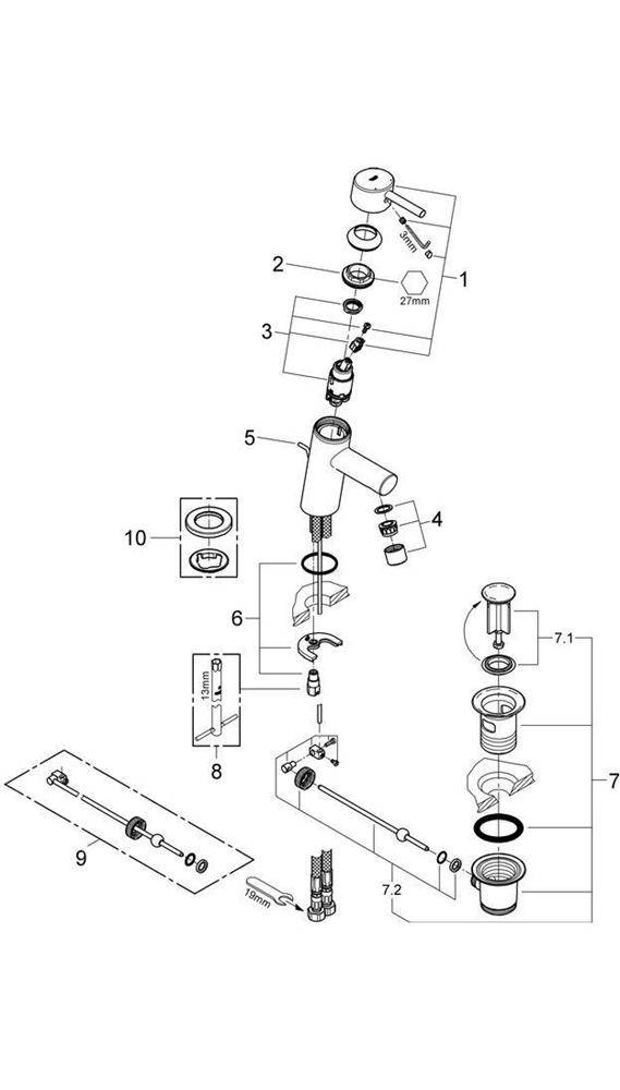 Explodierte technische Zeichnung einer Armaturengruppe mit nummerierten Teilen und der Anordnung von Dichtringen, Kartuschen, Griffen, Auslauf und Grundplattenkamponenten.