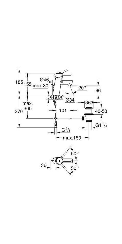 Technisches Installationsdiagramm für Wasserhahn mit Seiten- und Draufsicht, Abmessungen, Anschlussgrößen und Auslaufwinkelmessungen in Millimetern gekennzeichnet.